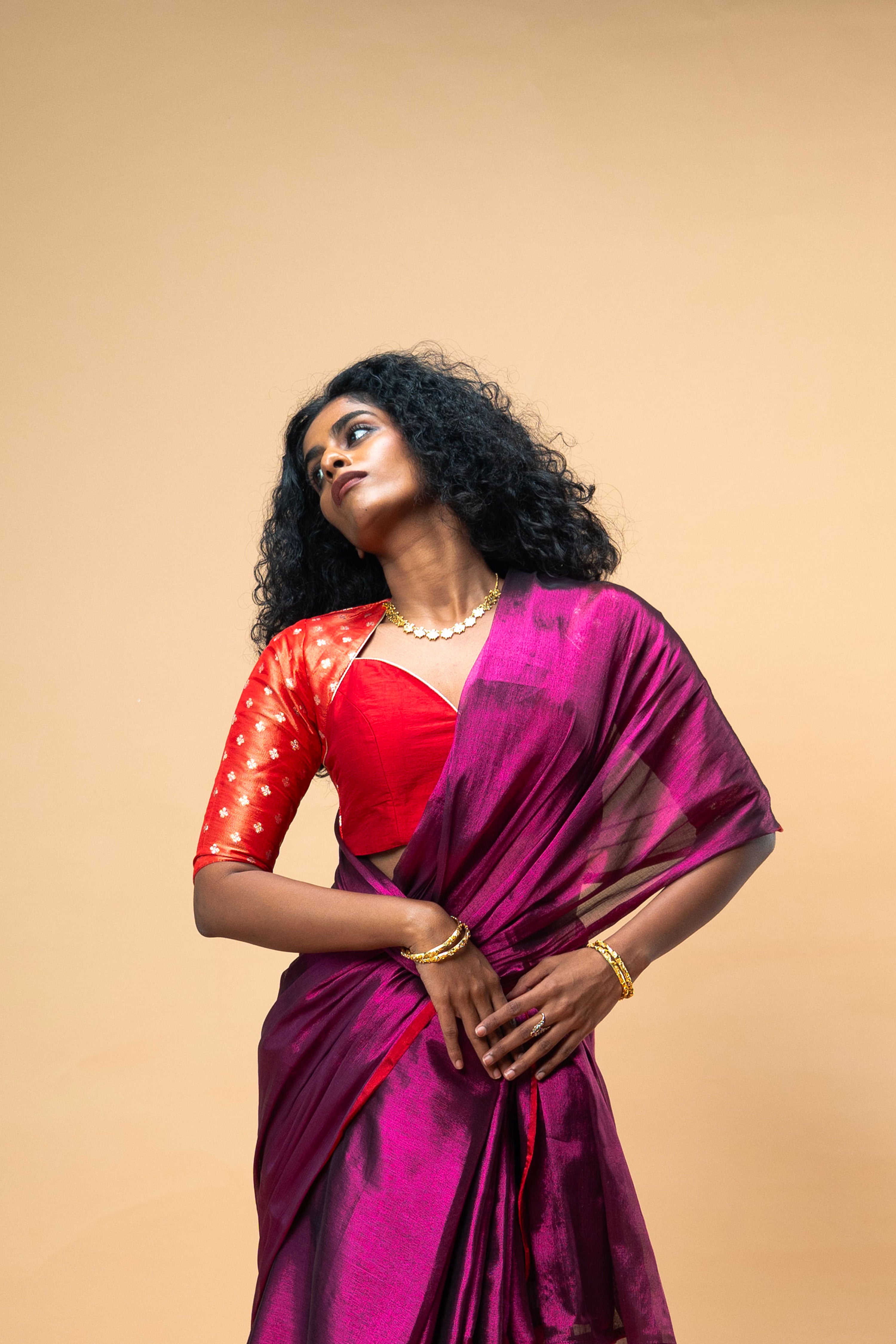 Yami I Red brocade silk blouse with sweetheart neck