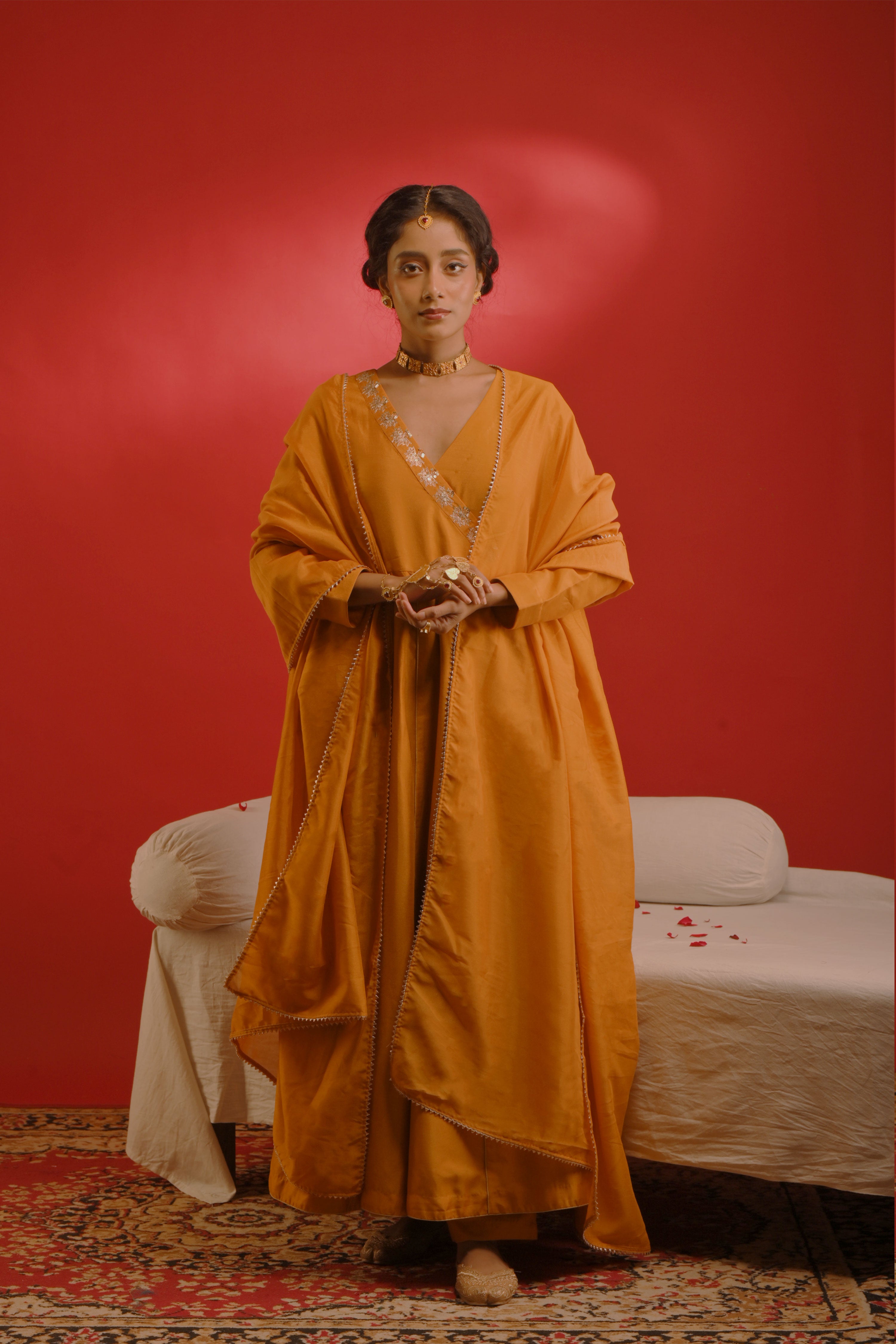 Malvika I Mustard chinon hand embroidered kurta pant set with dupatta