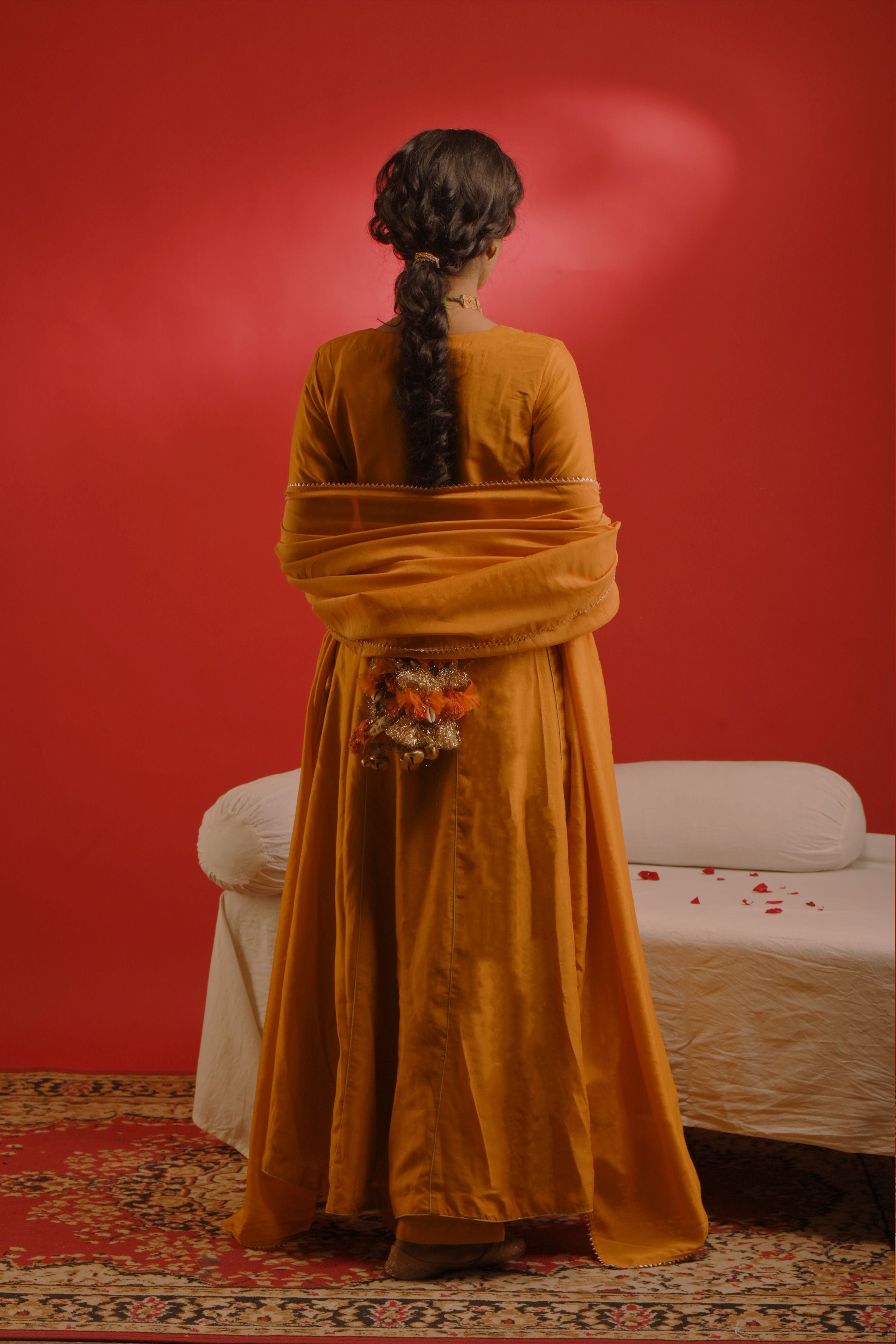 Malvika I Mustard chinon hand embroidered kurta pant set with dupatta