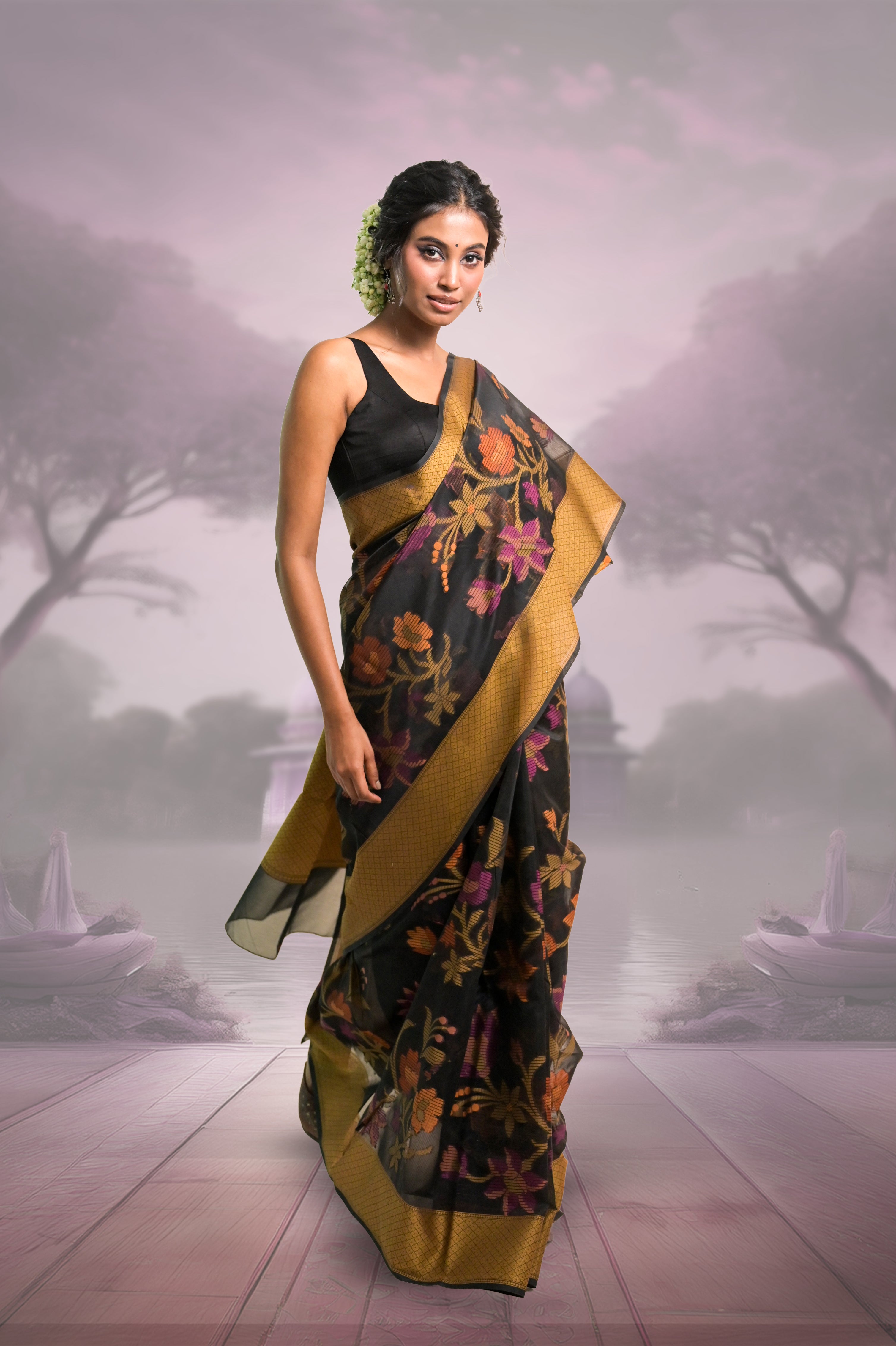 black-colourd-saree-with-golden-border