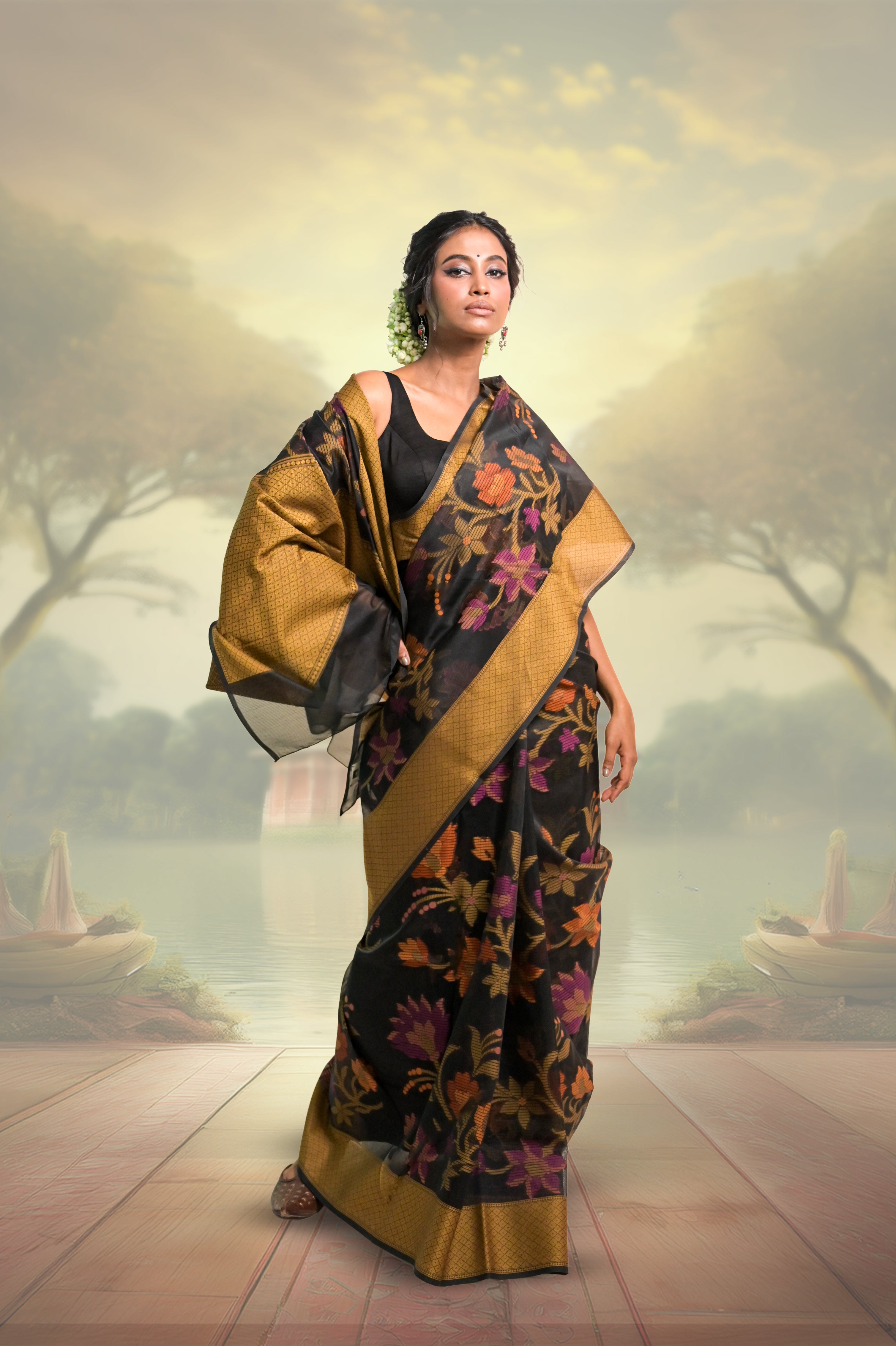 black-handloom-cotton-jamdani-banarasi-saree