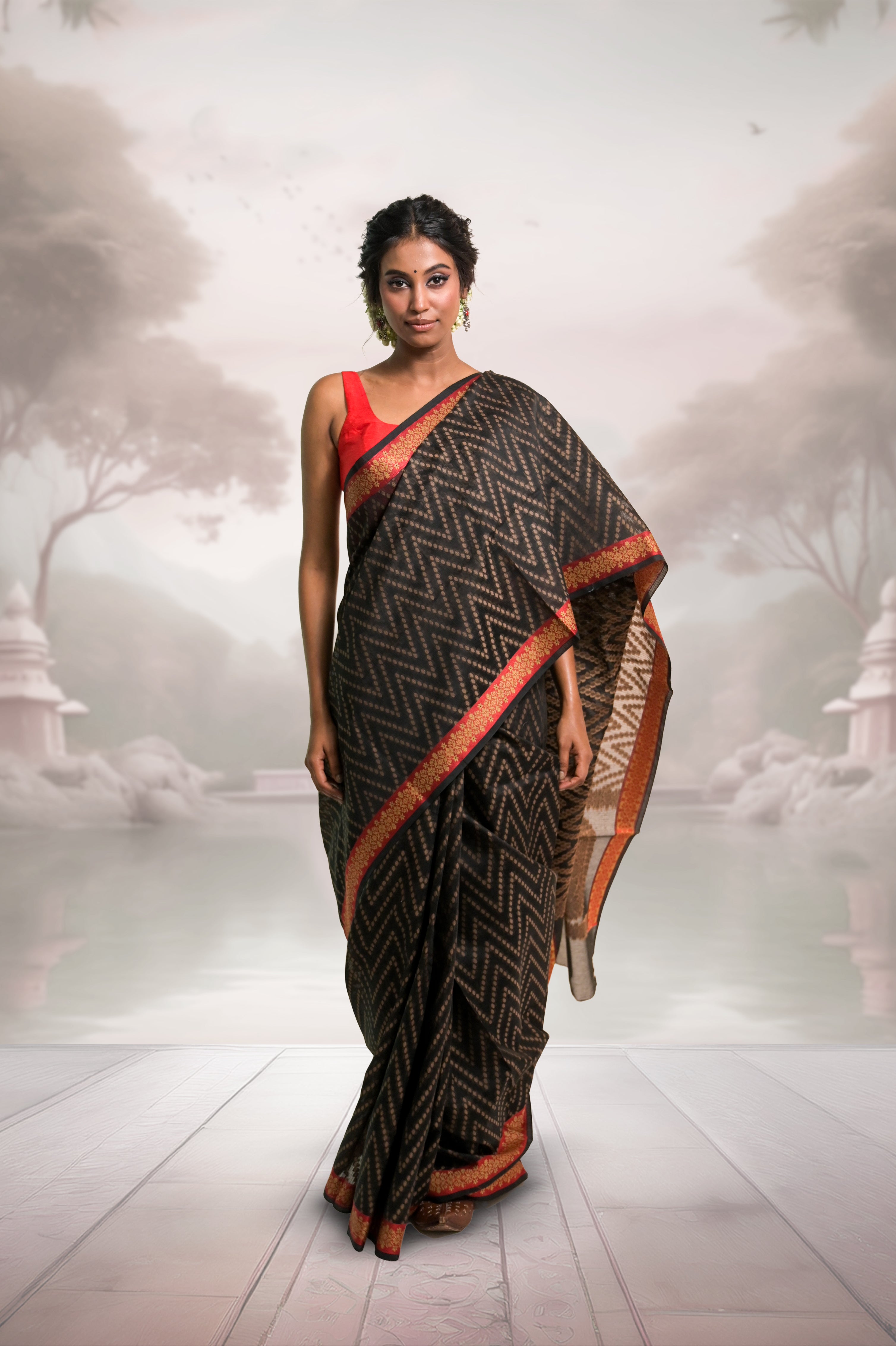 black-handloom-cotton-saree-with-red-floral-border