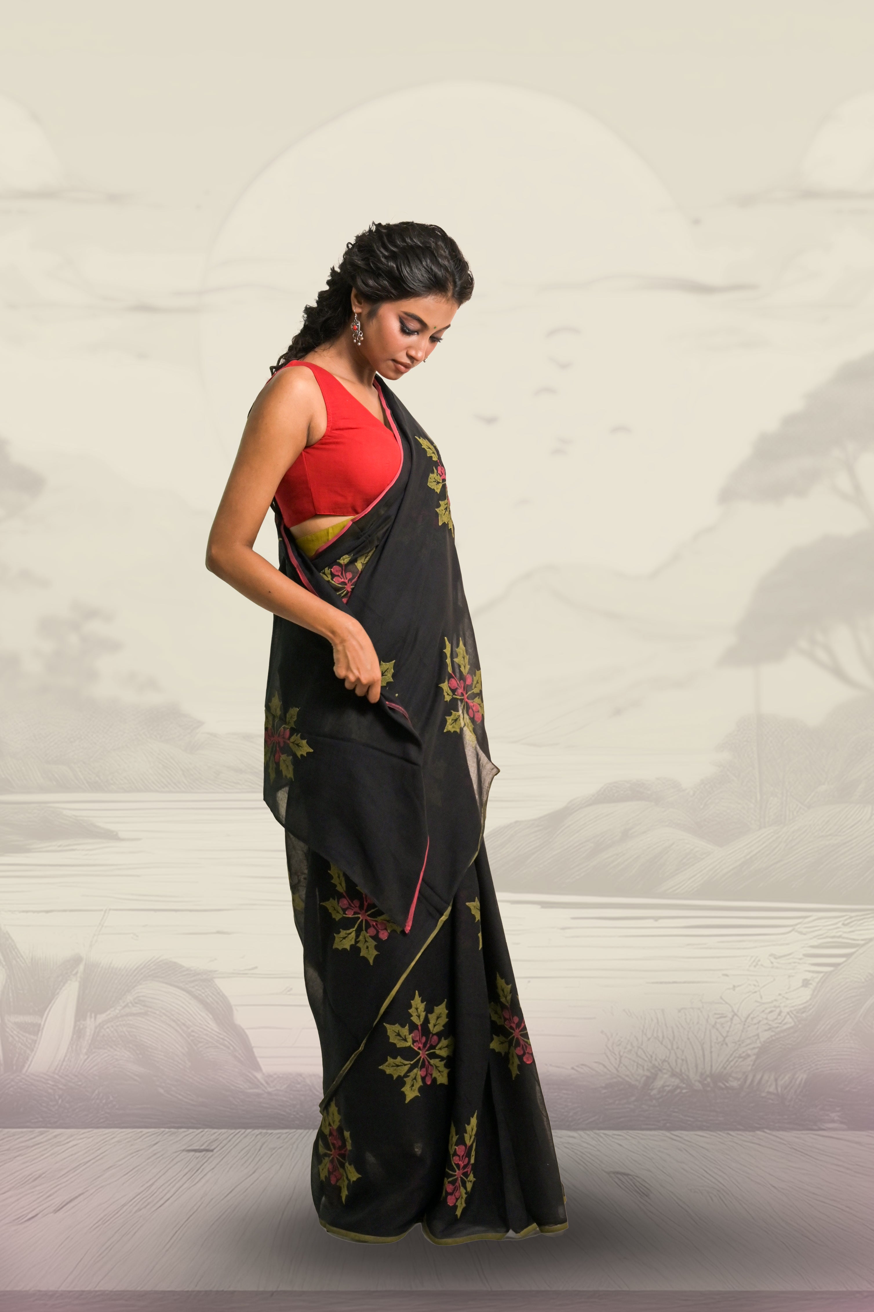 black-handloom-hand-block-printed-saree-with-dual-colour-border
