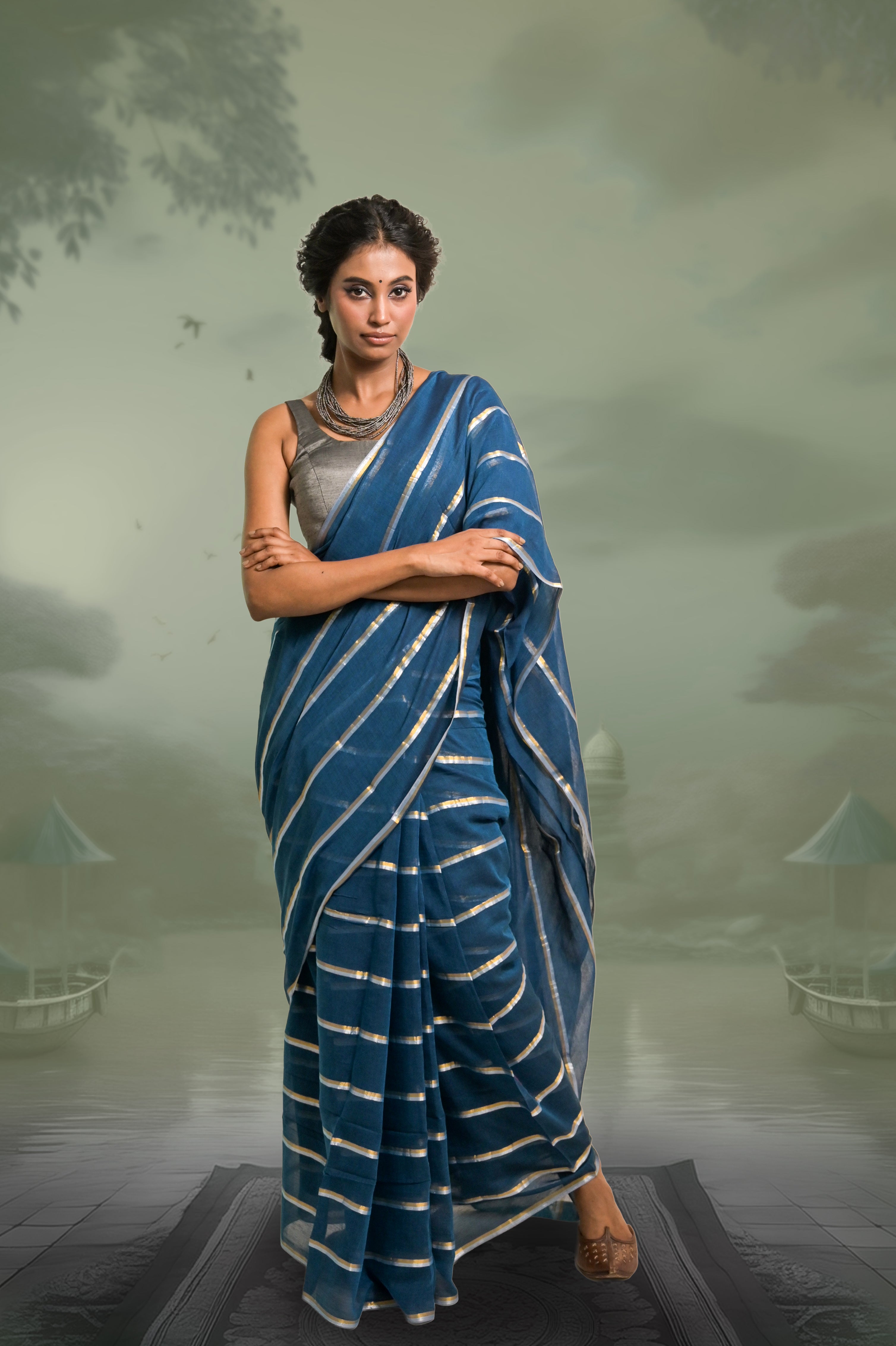 blue-cotton-saree-with-golden-and-silver-stripes