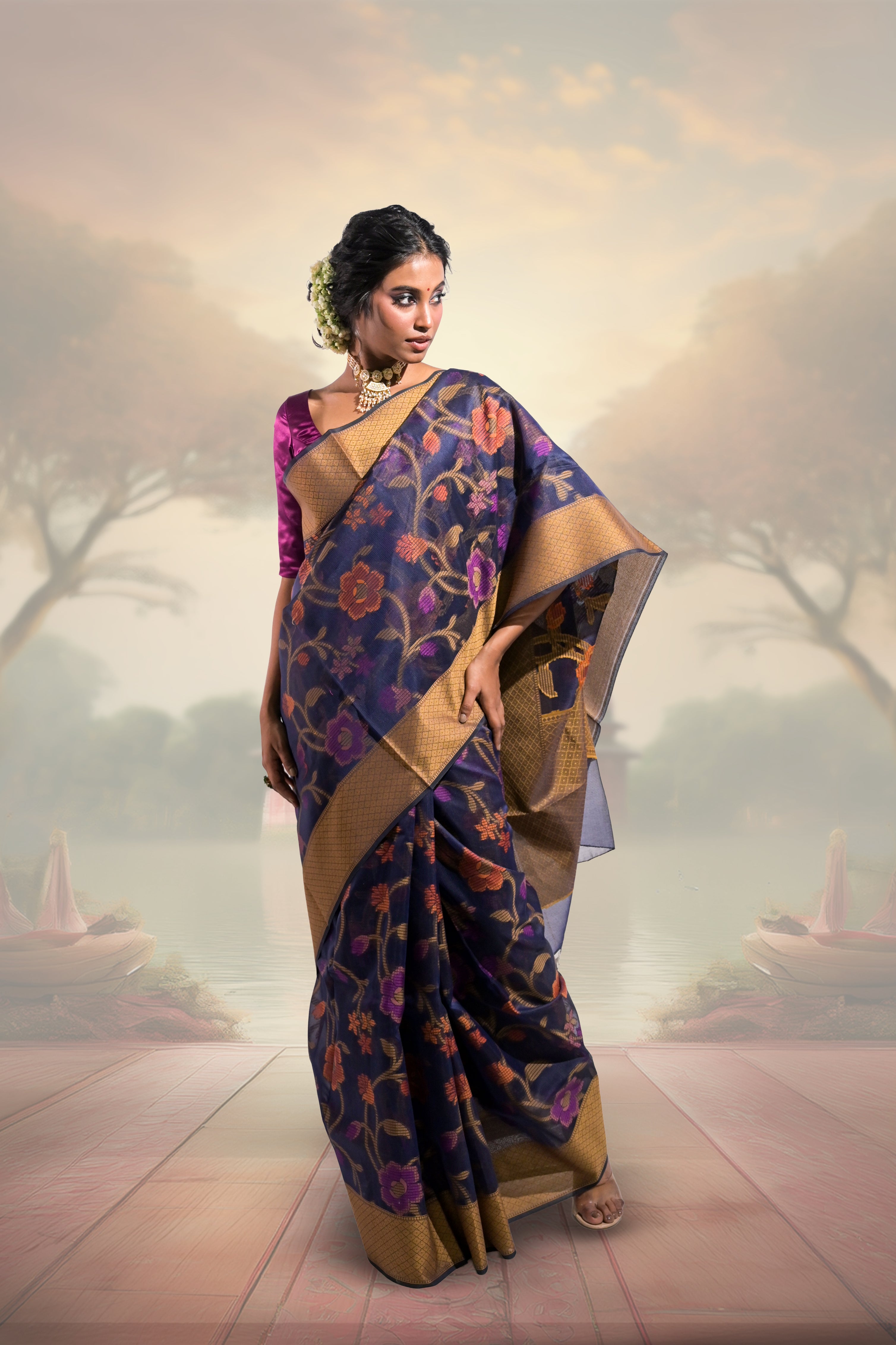 blue-handloom-cotton-jamdani-banarasi-saree