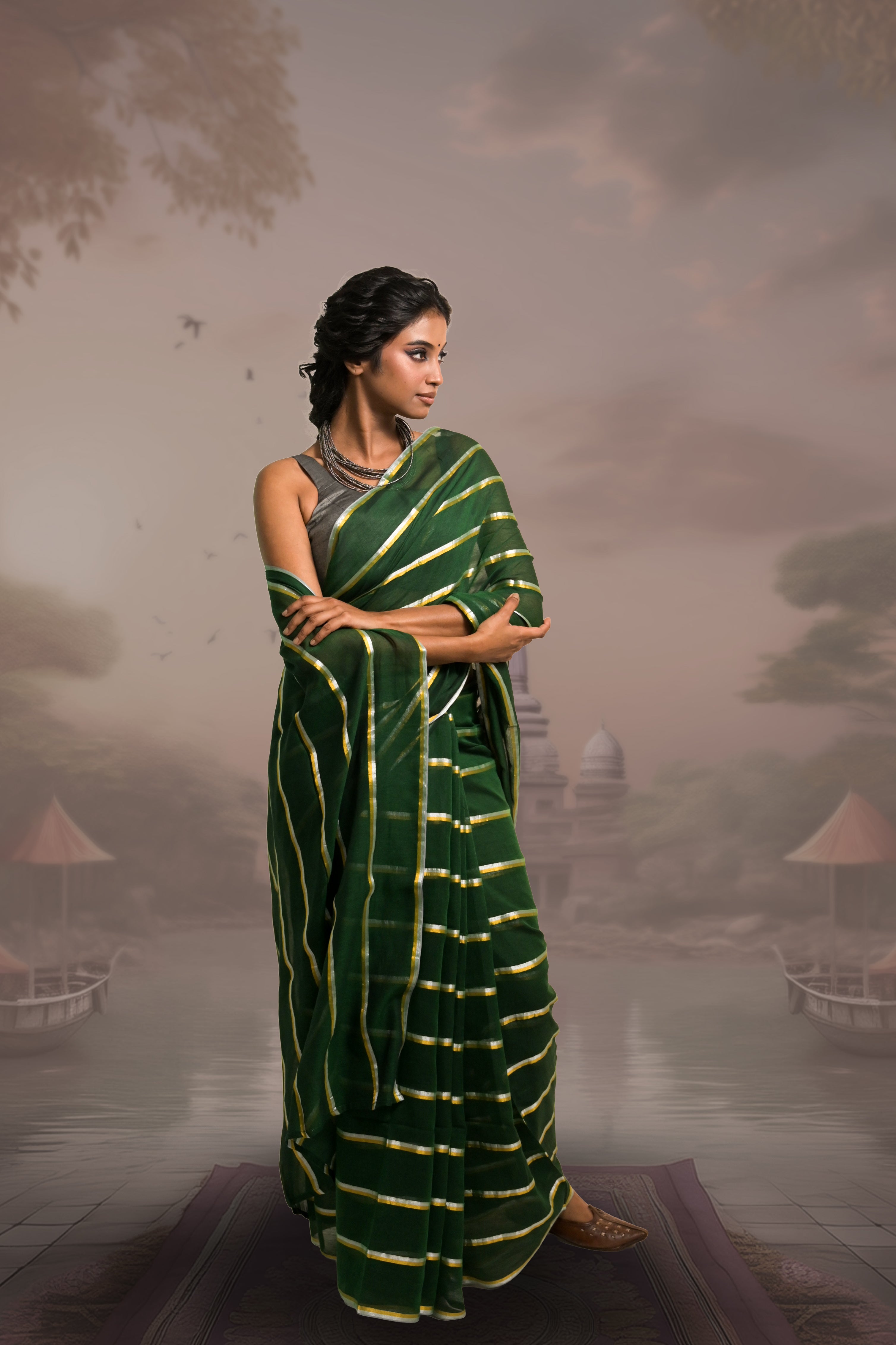 golden-and-silver-stiped-saree