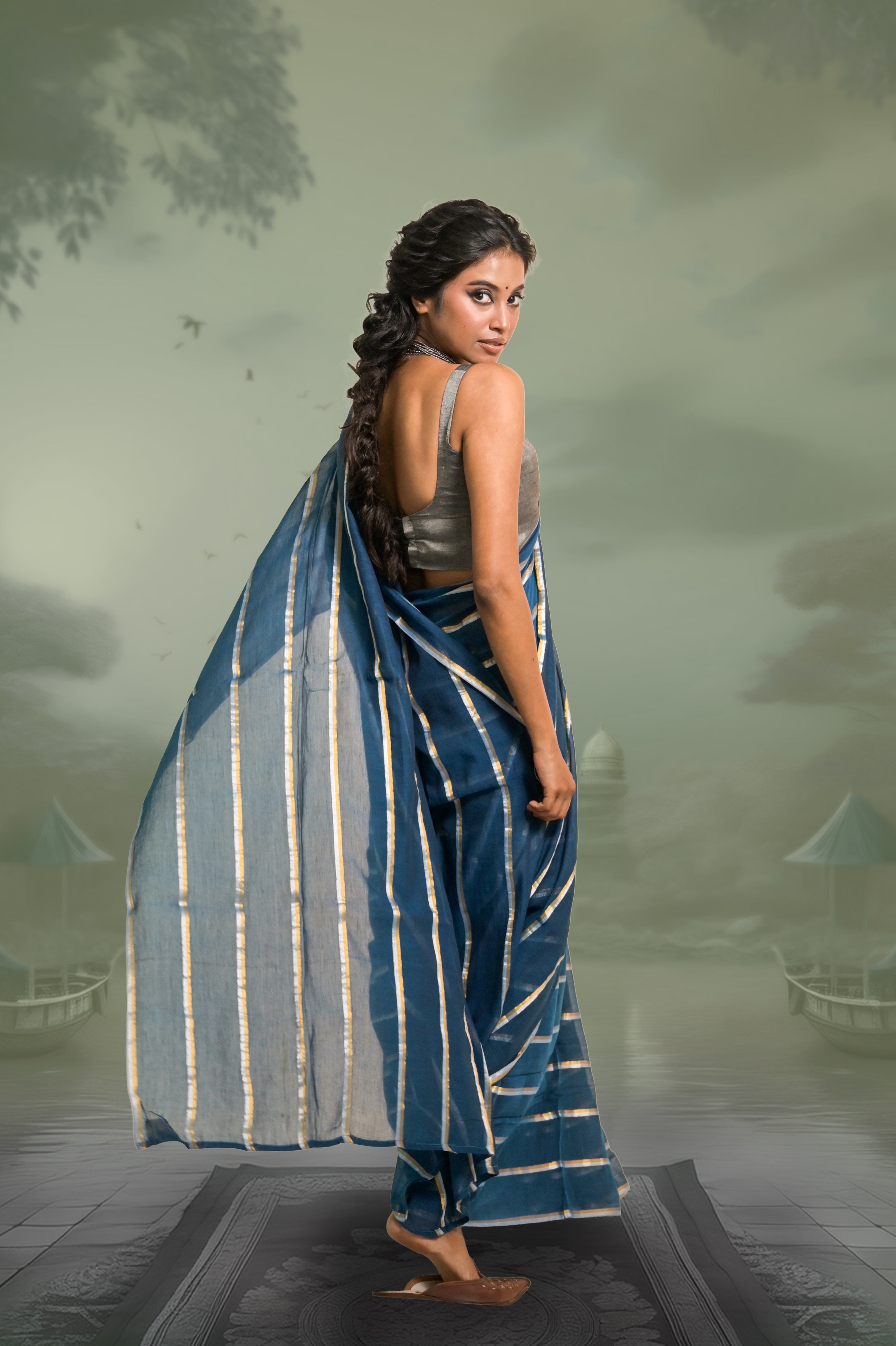 golden-and-silver-striped-saree