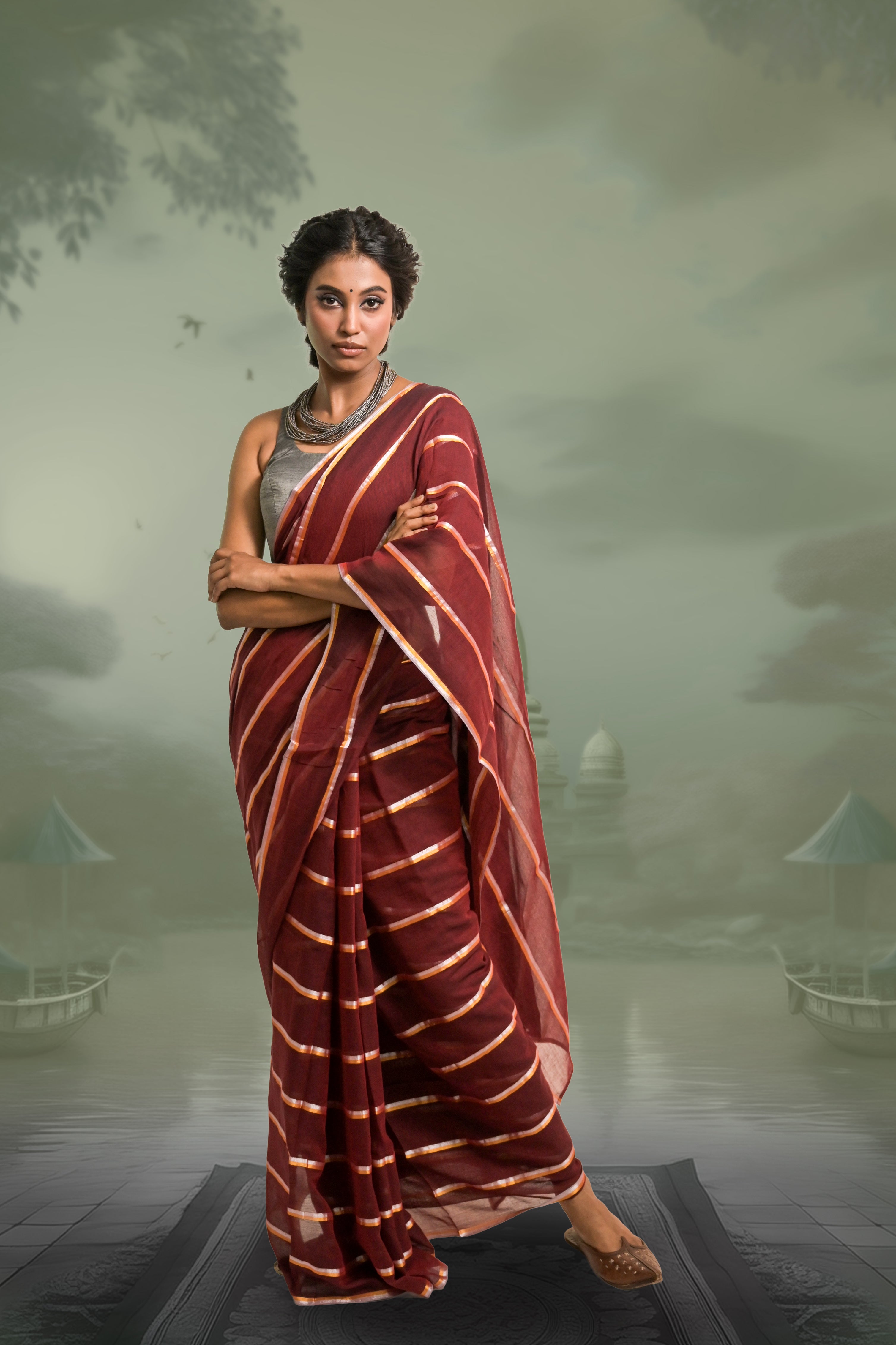 golden-and-silver-striped-saree