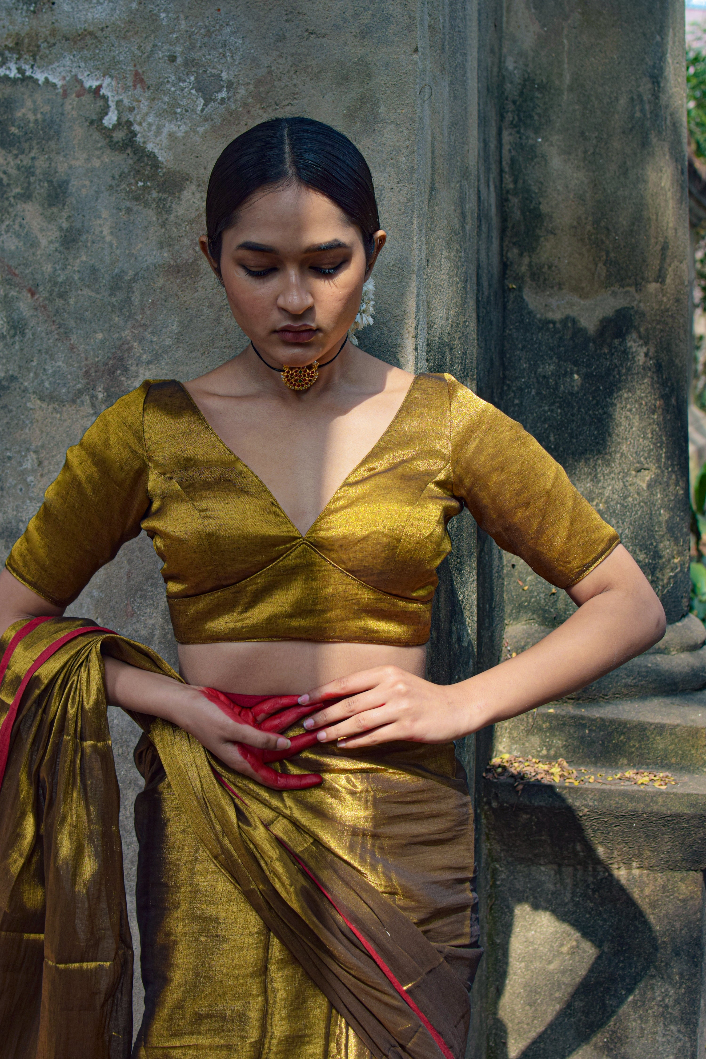 golden-plunging-neck-handloom-blouse