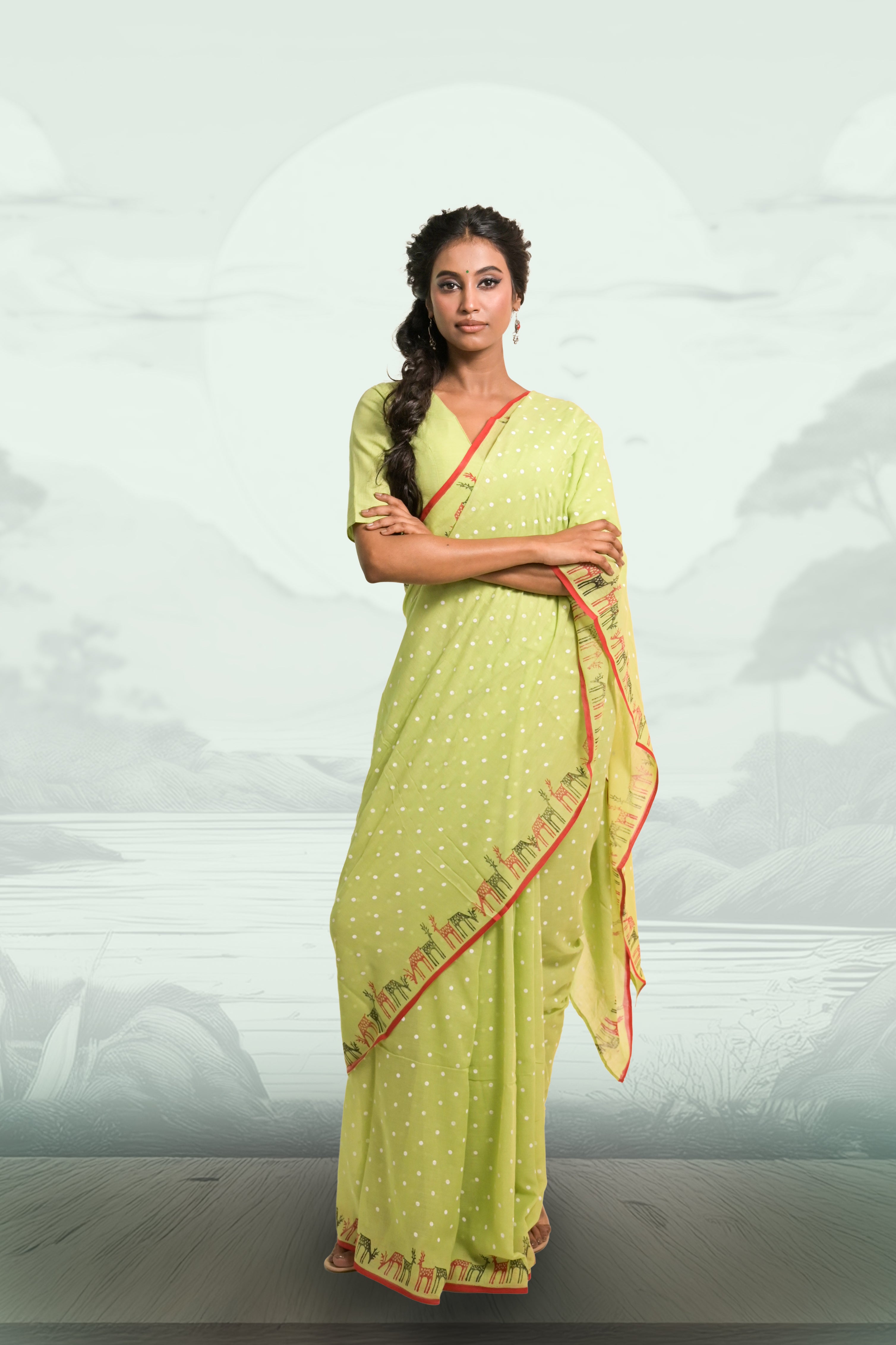 pista-green-handloom-mul-cotton-saree-with-hand-block-printed-polka-dots