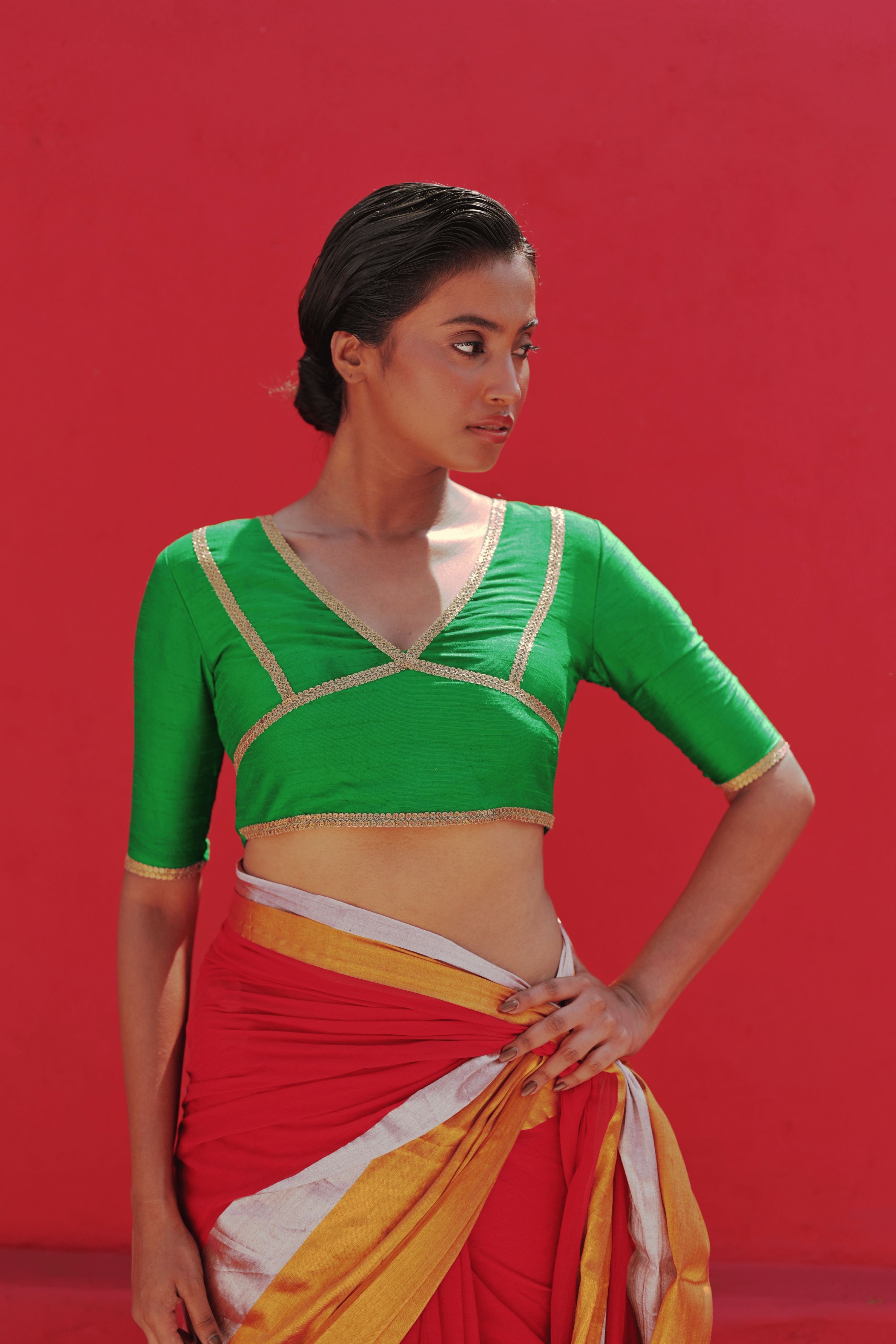 green-cotton-silk-designer-blouse-with-golden-lace-trim