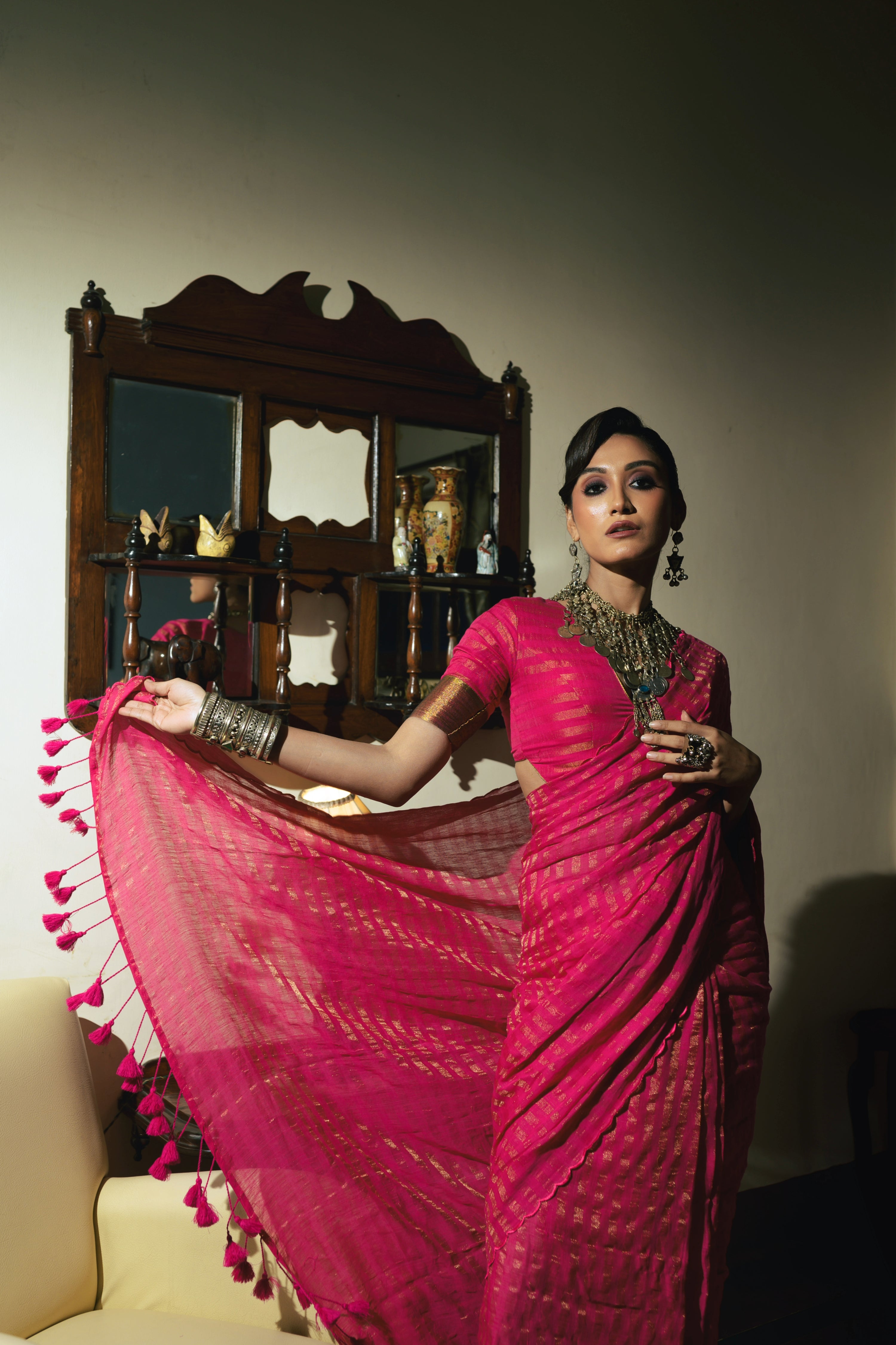 hand-woven-pink-cotton-saree-with tassels