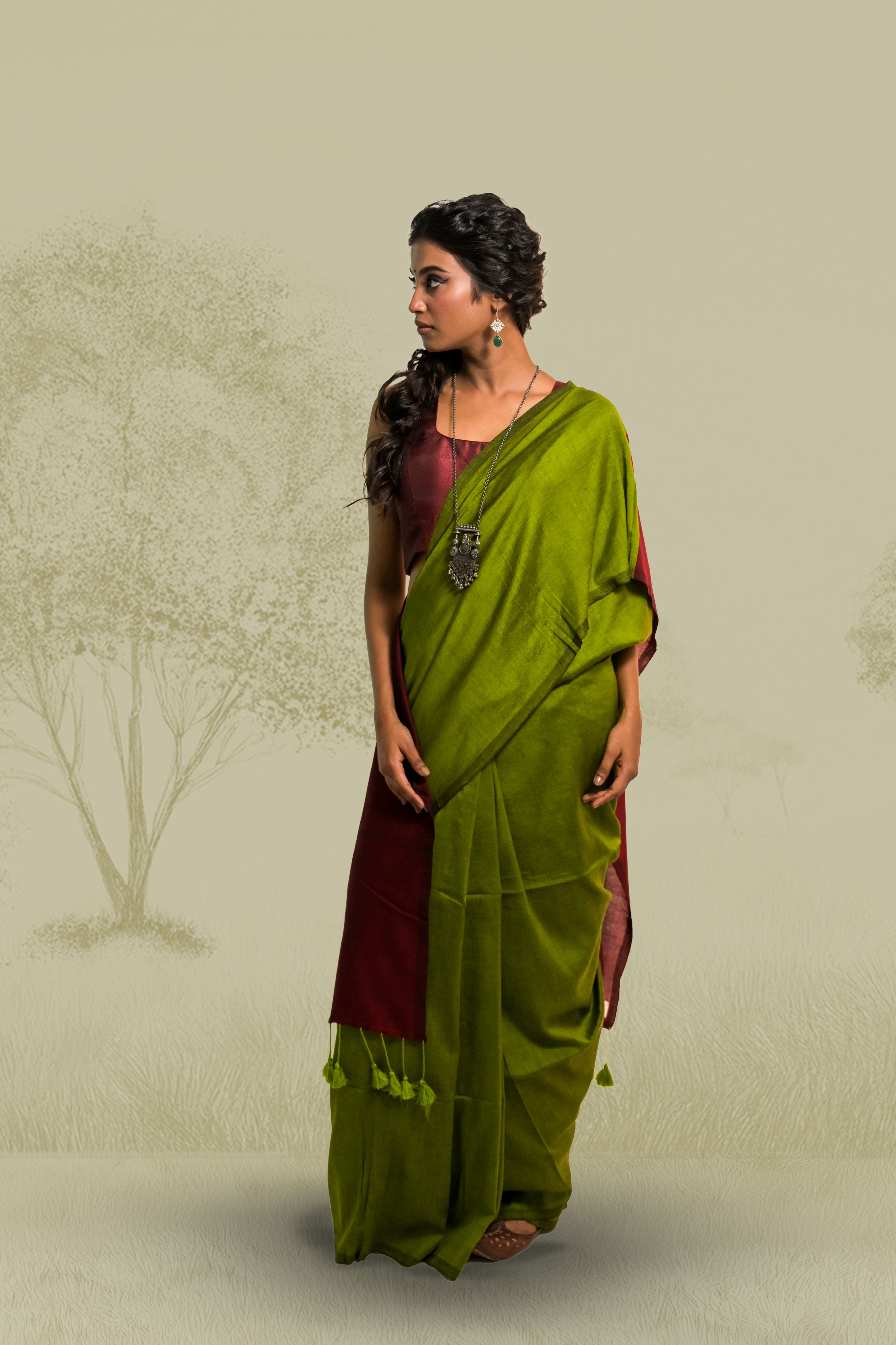 handwoven-cotton-olive-saree-with-maroon-pallu