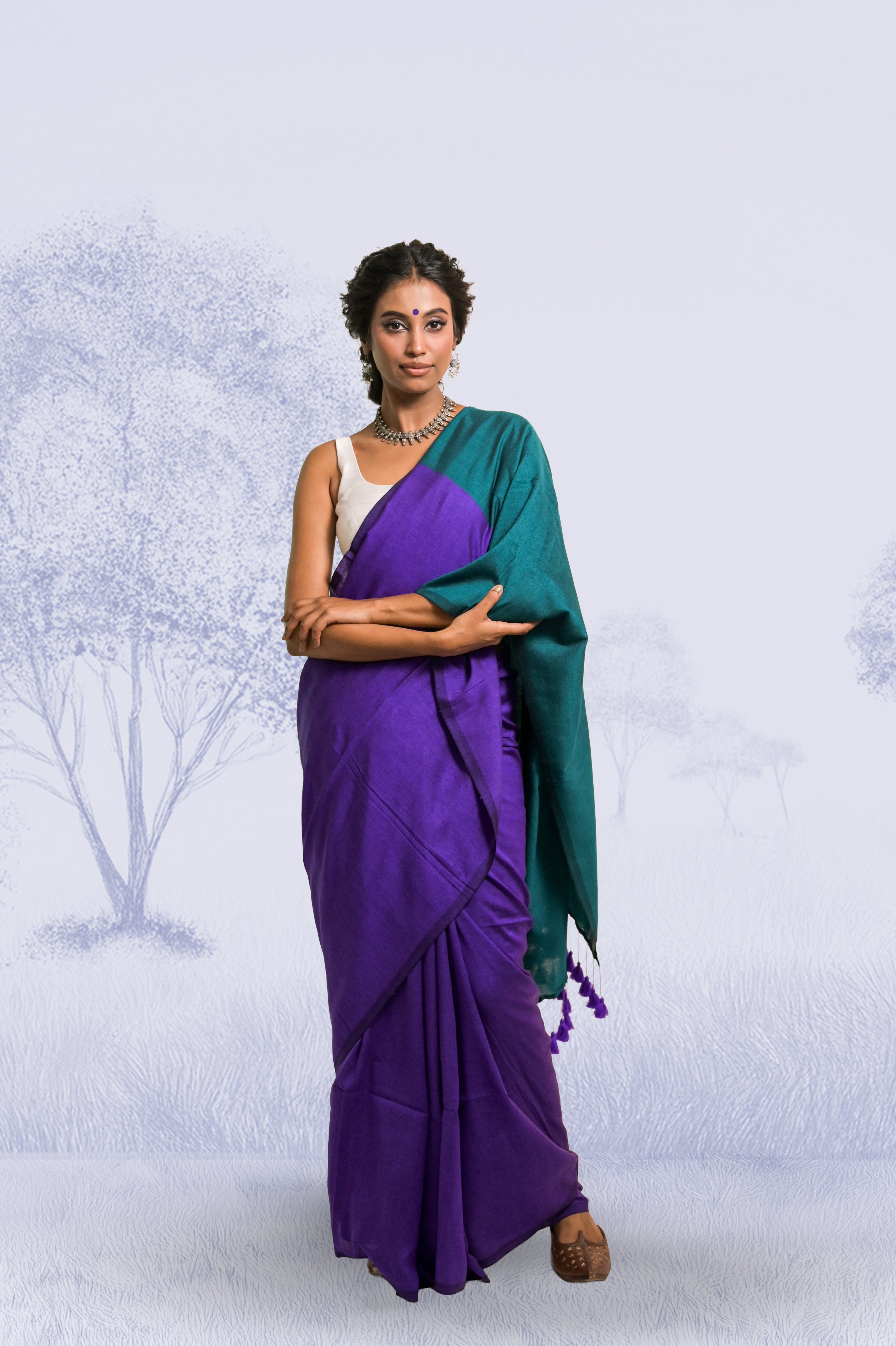 Purple Handloom Cotton Acrylic Saree with White Silk Sleeveless Blouse Combo(Hawa Hawai+Snowdrop)