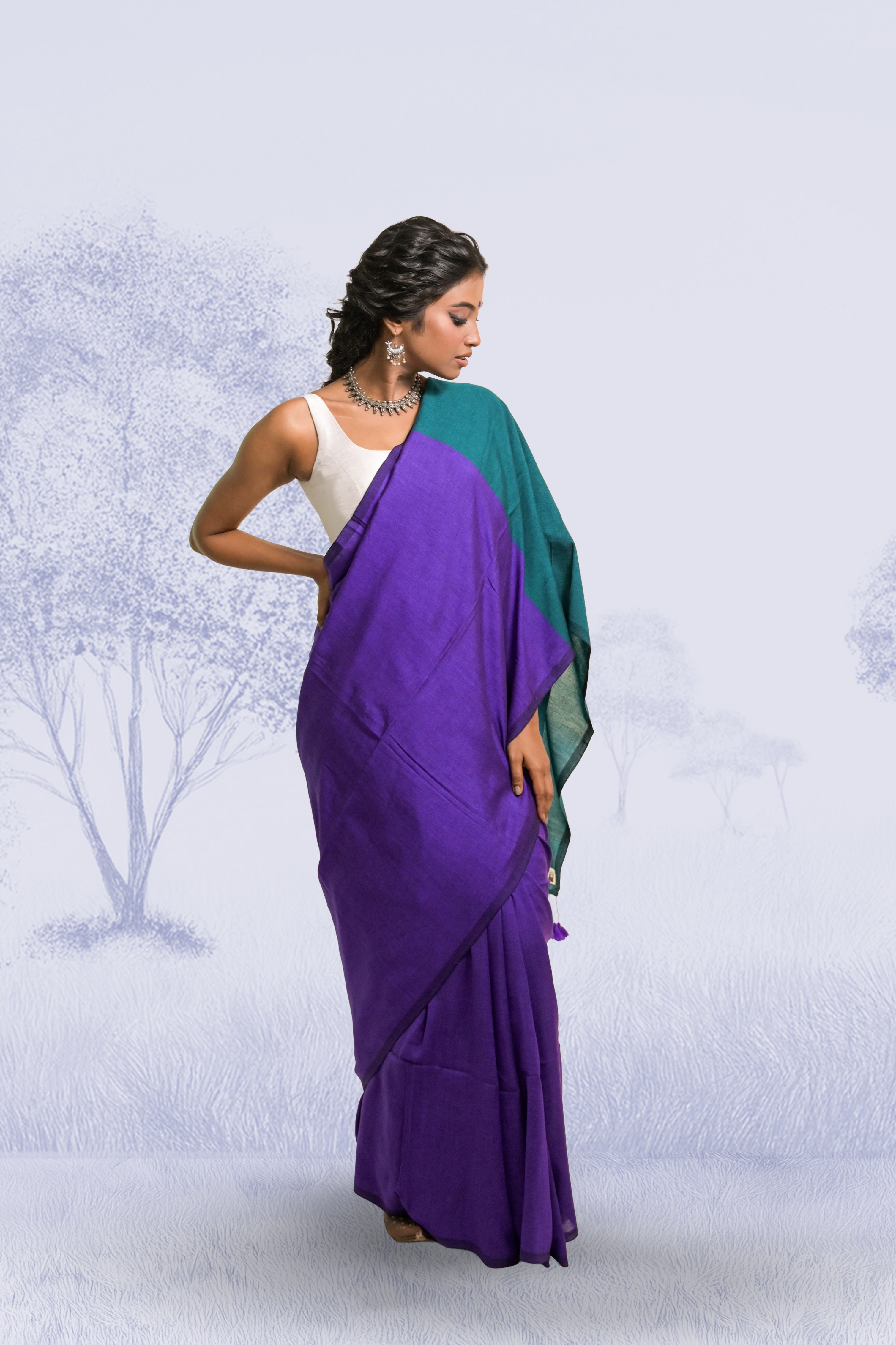 Purple Handloom Cotton Acrylic Saree with White Silk Sleeveless Blouse Combo(Hawa Hawai+Snowdrop)