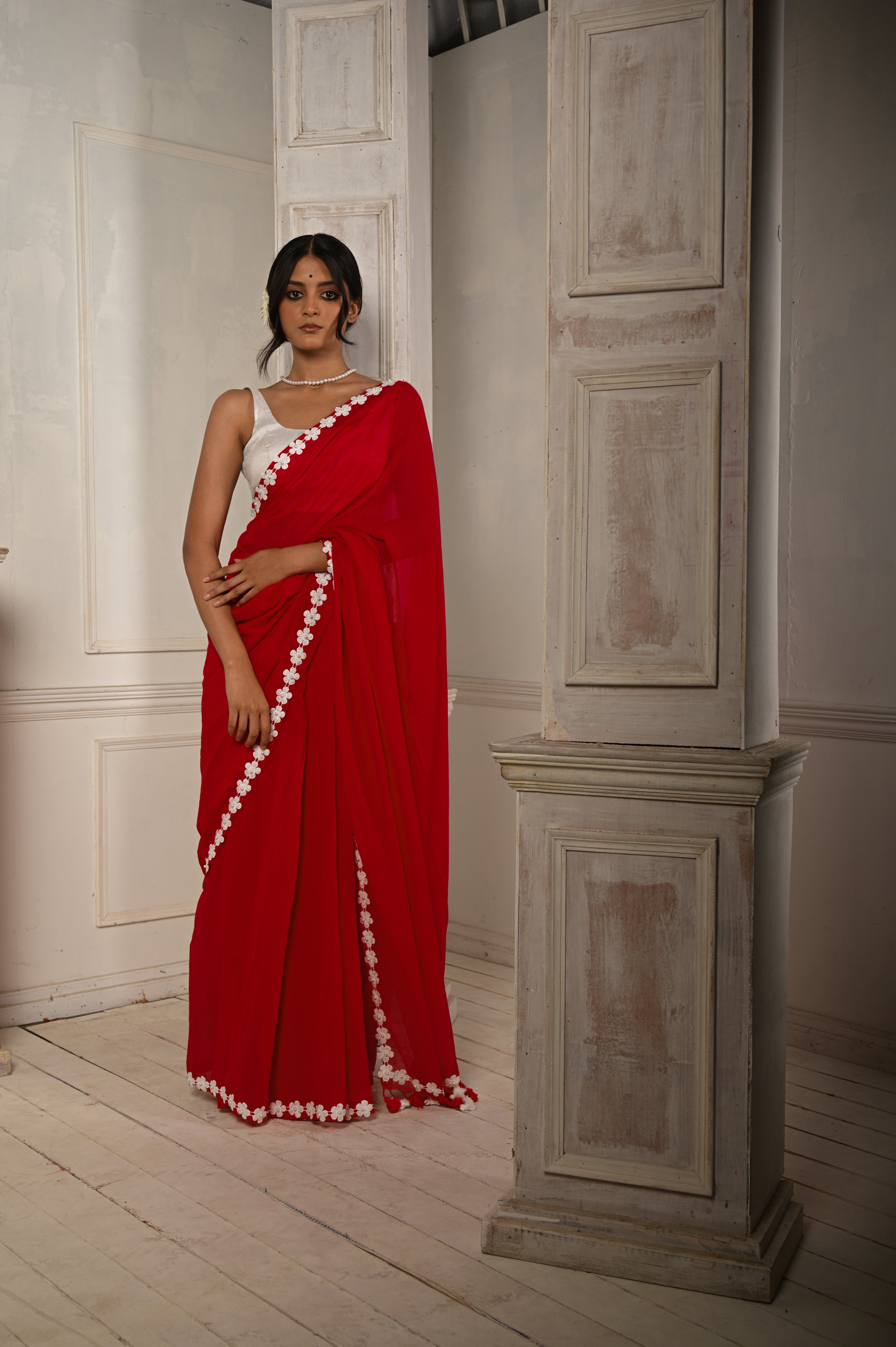 Dhalta Sooraj I Red Cotton Saree With Stitched Lace Floral Embroidered Border