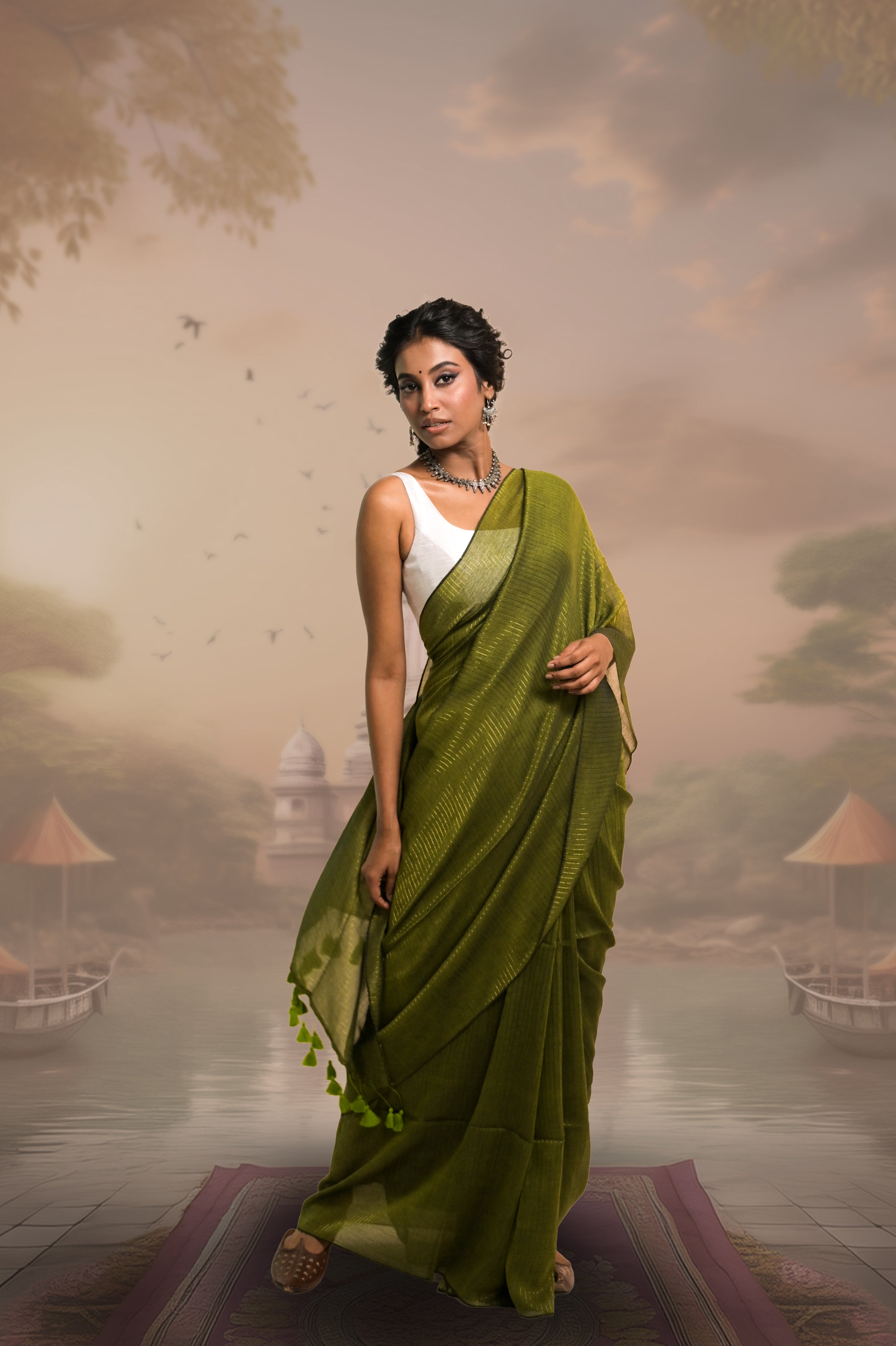 olive-coloured-mul-mul-saree-with-tassels