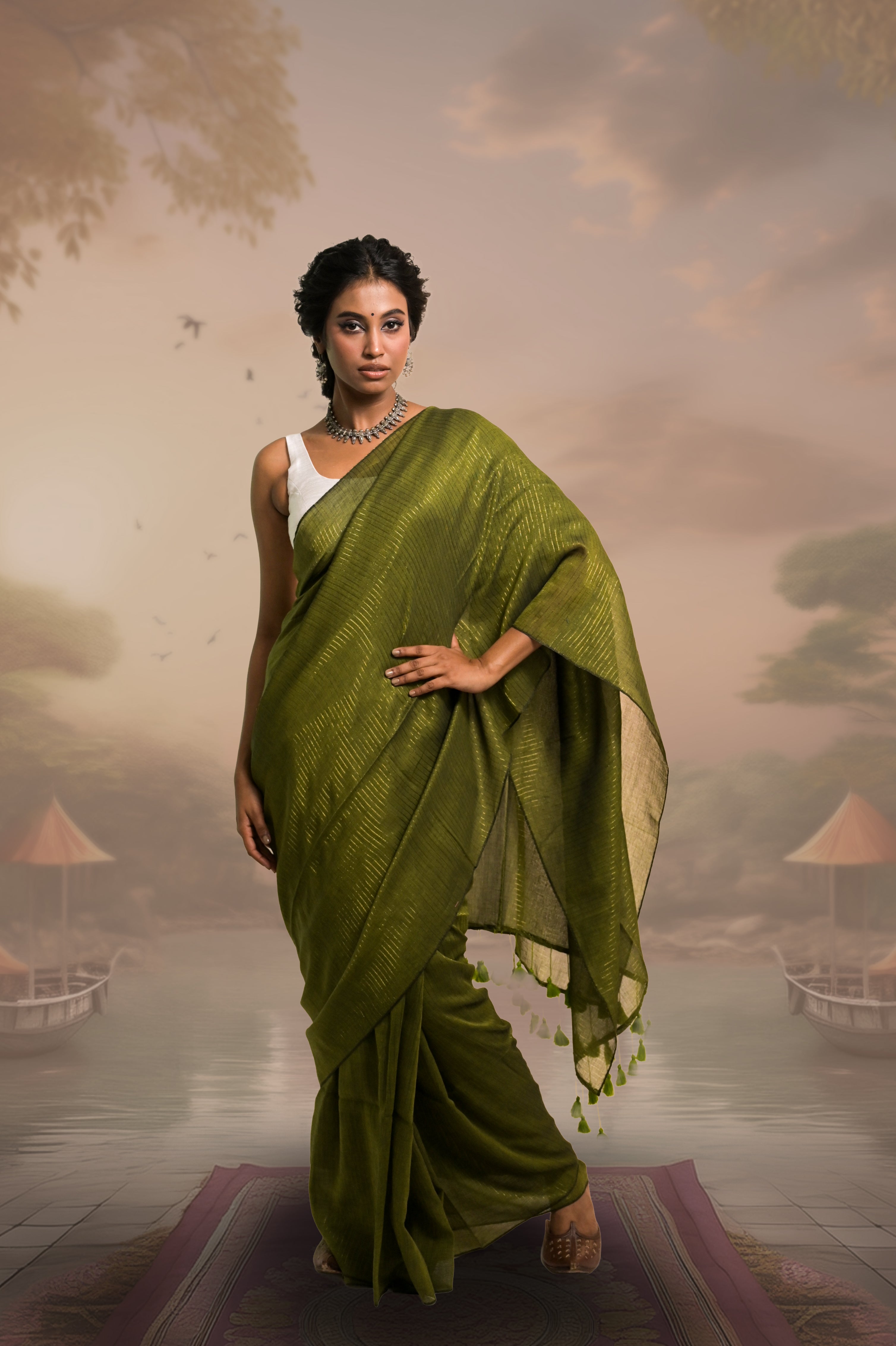 olive-green-mul-cotton-saree-with-zari-stripes