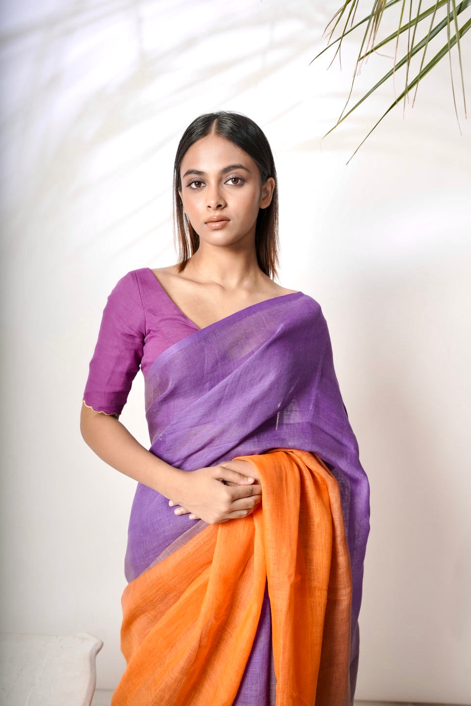 orange-and-purple-linen-saree