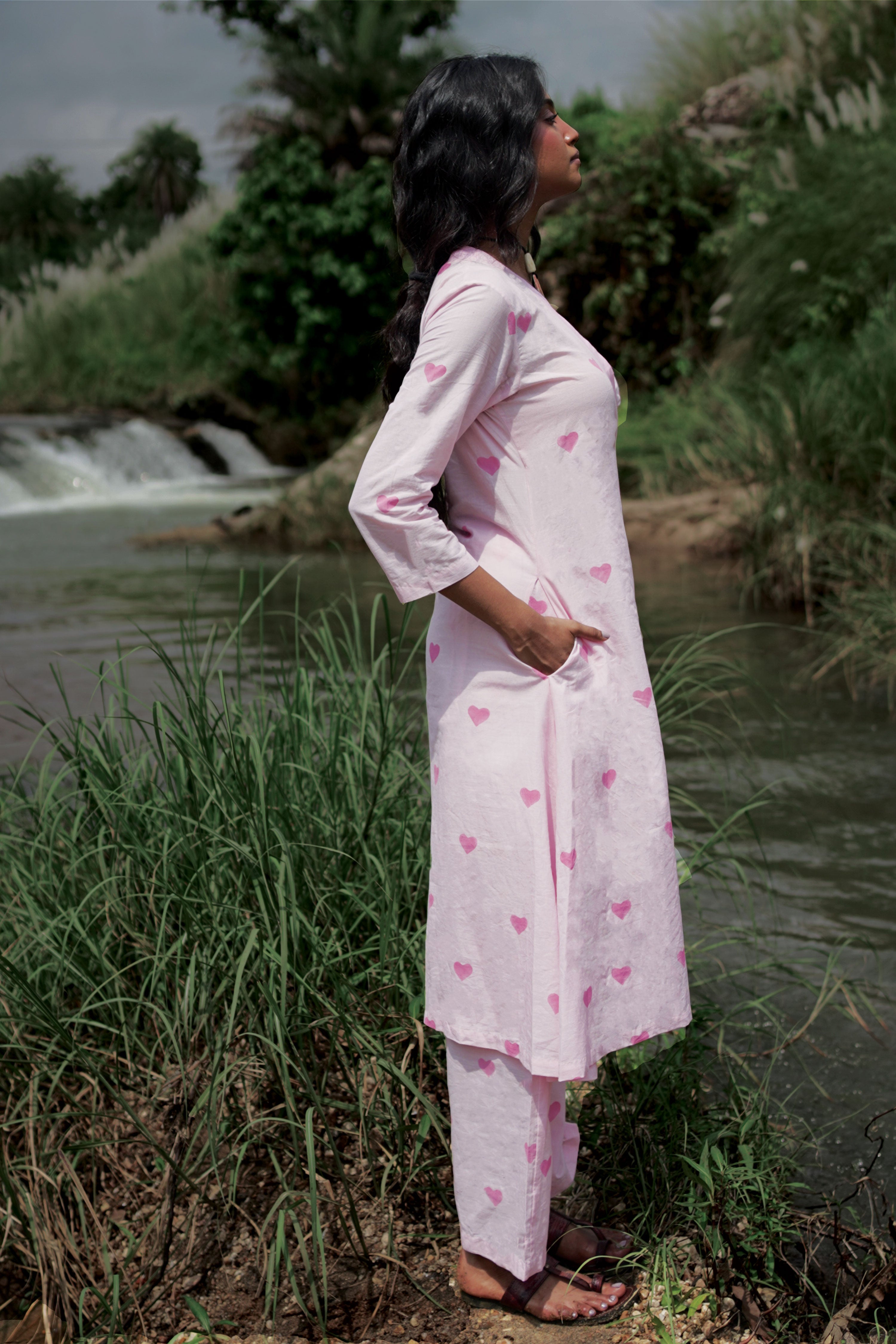 Pihu I Baby pink Cotton Hand Block printed Kurta-pant set