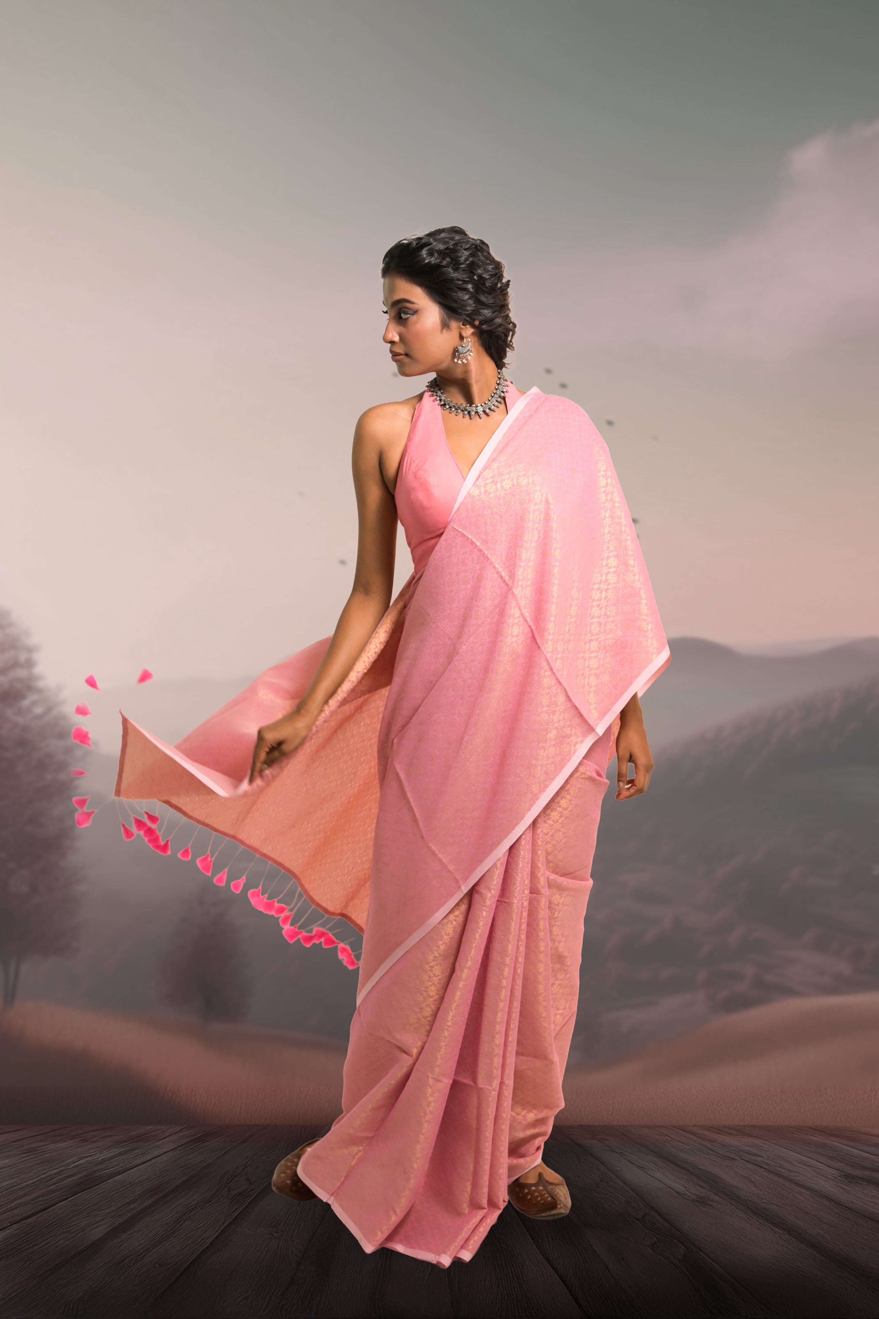 pink-brocade-saree-with tassels
