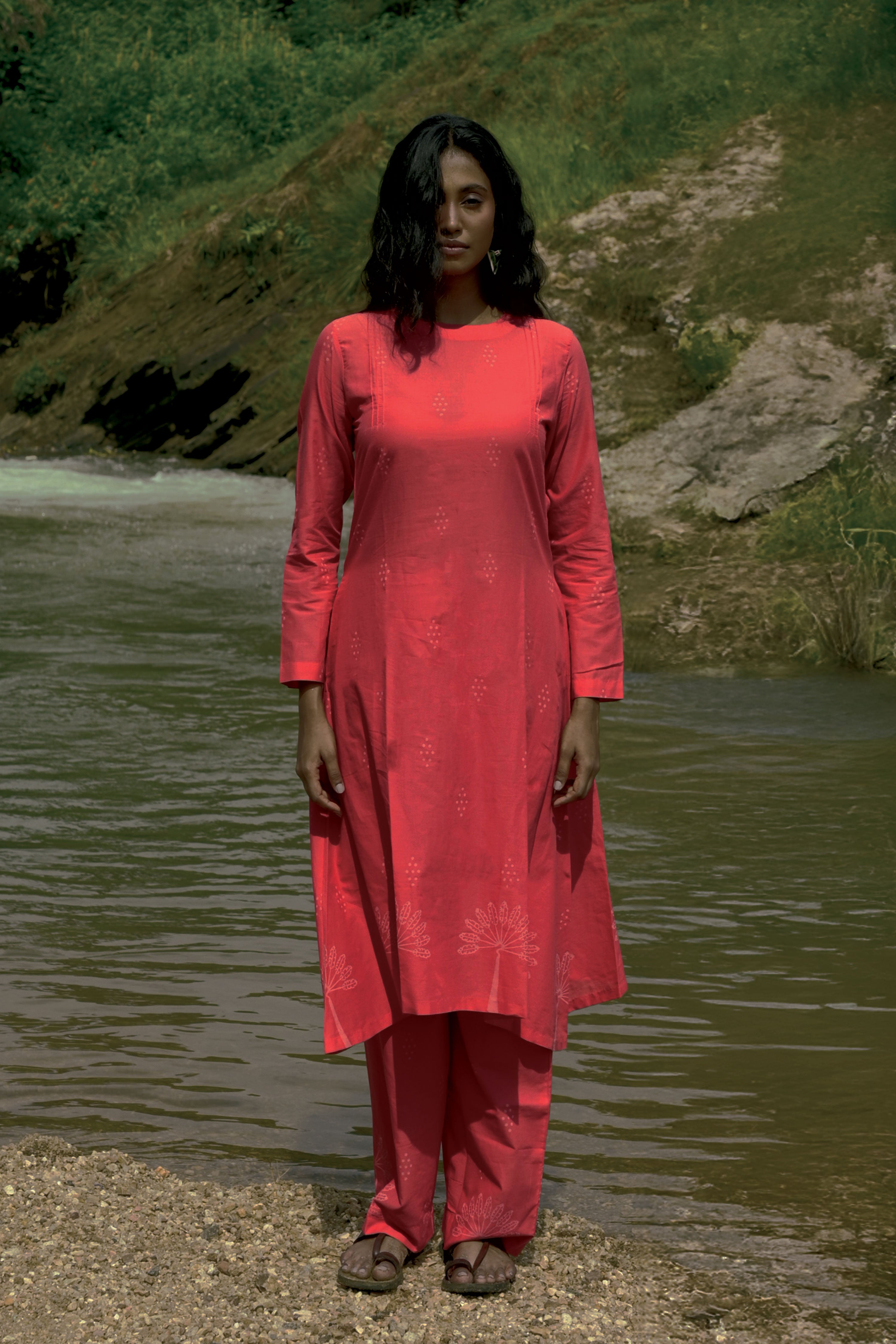 Tavi I Red Cotton Hand Block printed Kurta-pant set