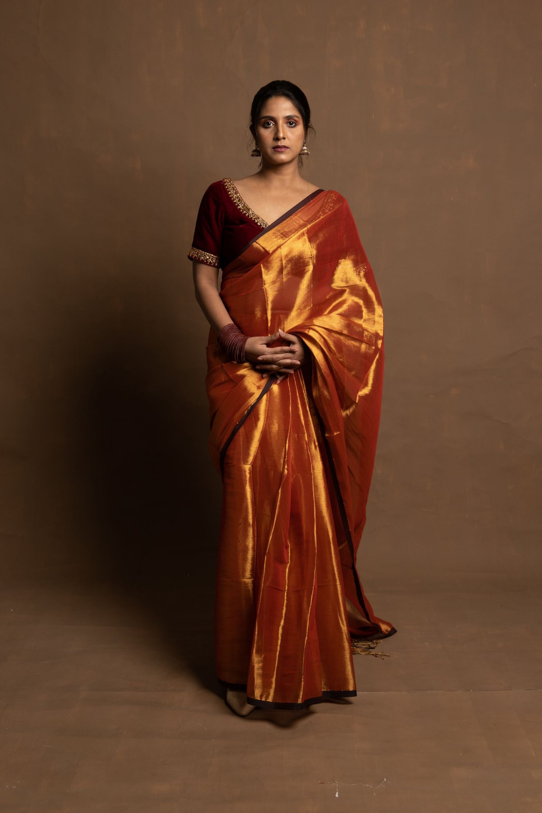 Rust & Olive Tissue Saree Set