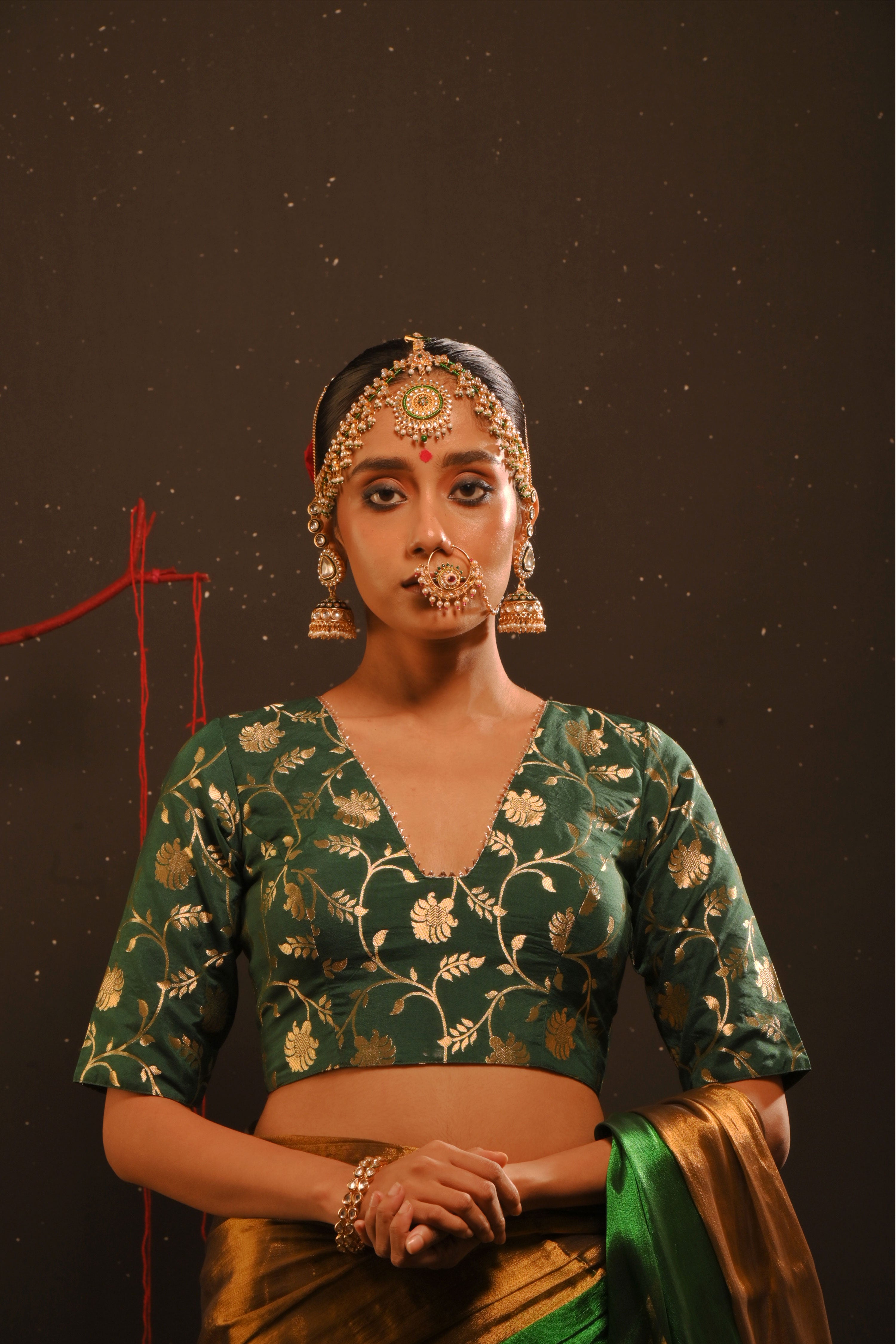 Jaishika I Bottle green floral brocade blouse