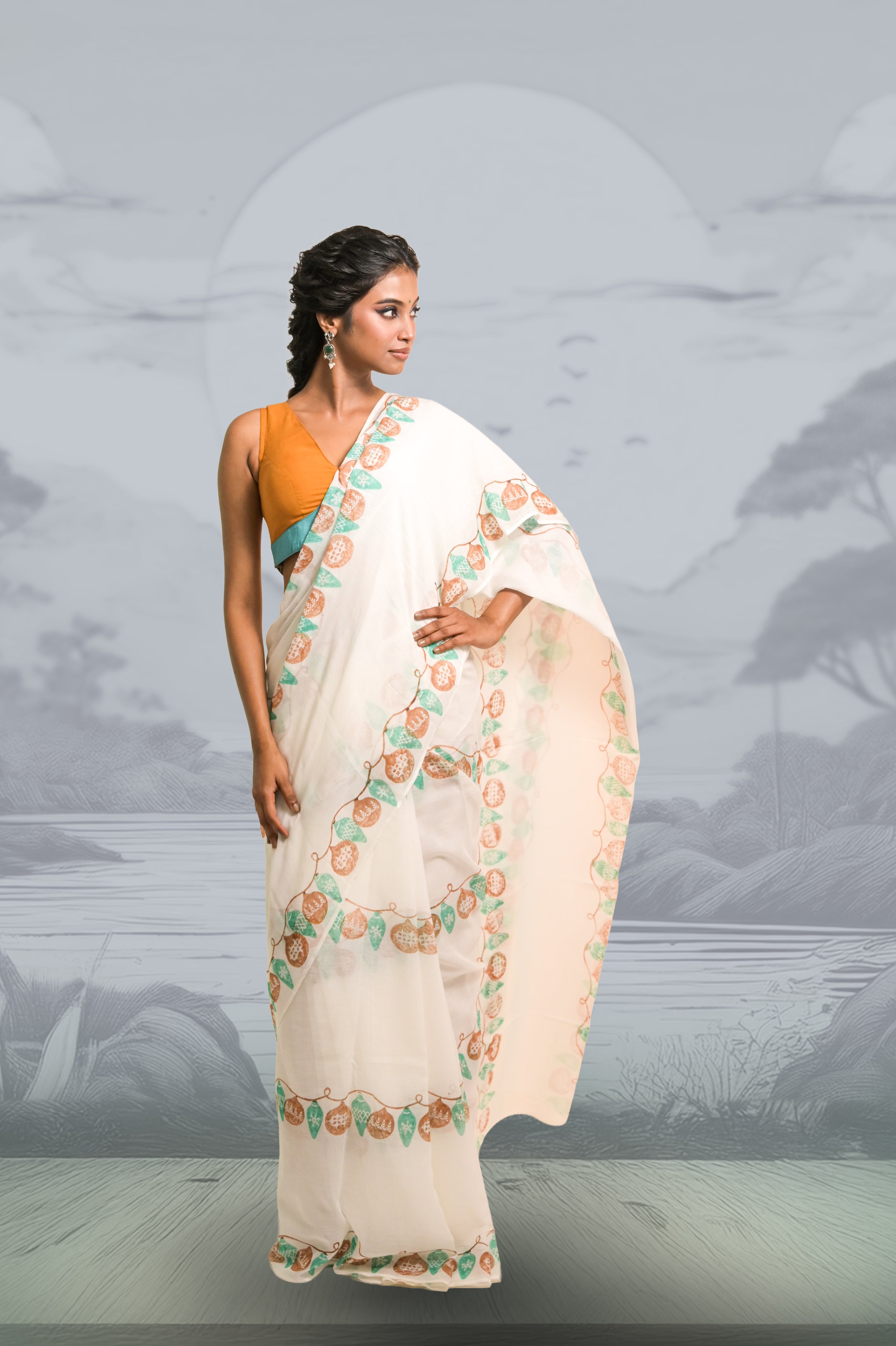 white-coloured-hand-block-printrd-saree