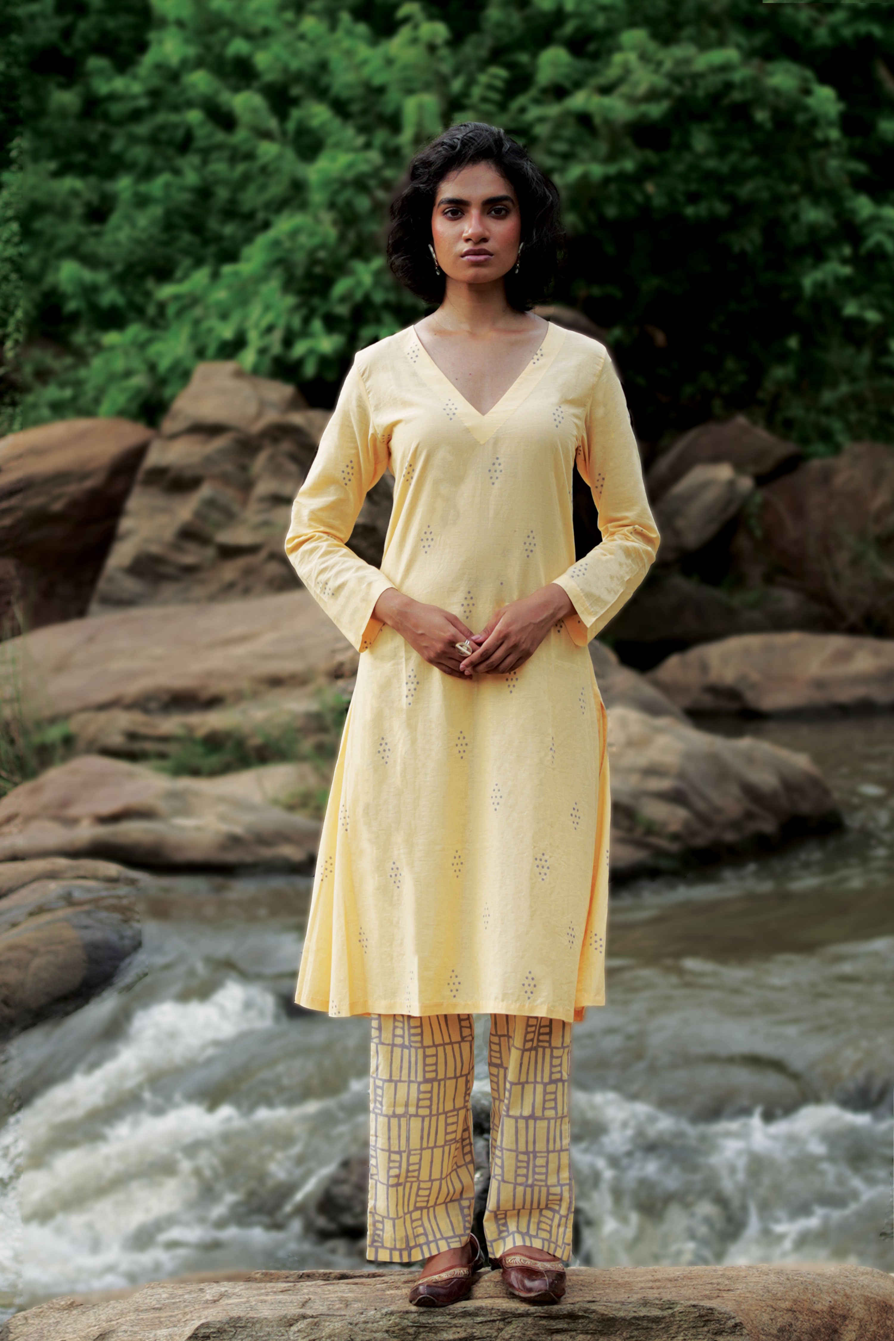 Tia I Yellow Cotton Hand Block printed Kurta-pant set