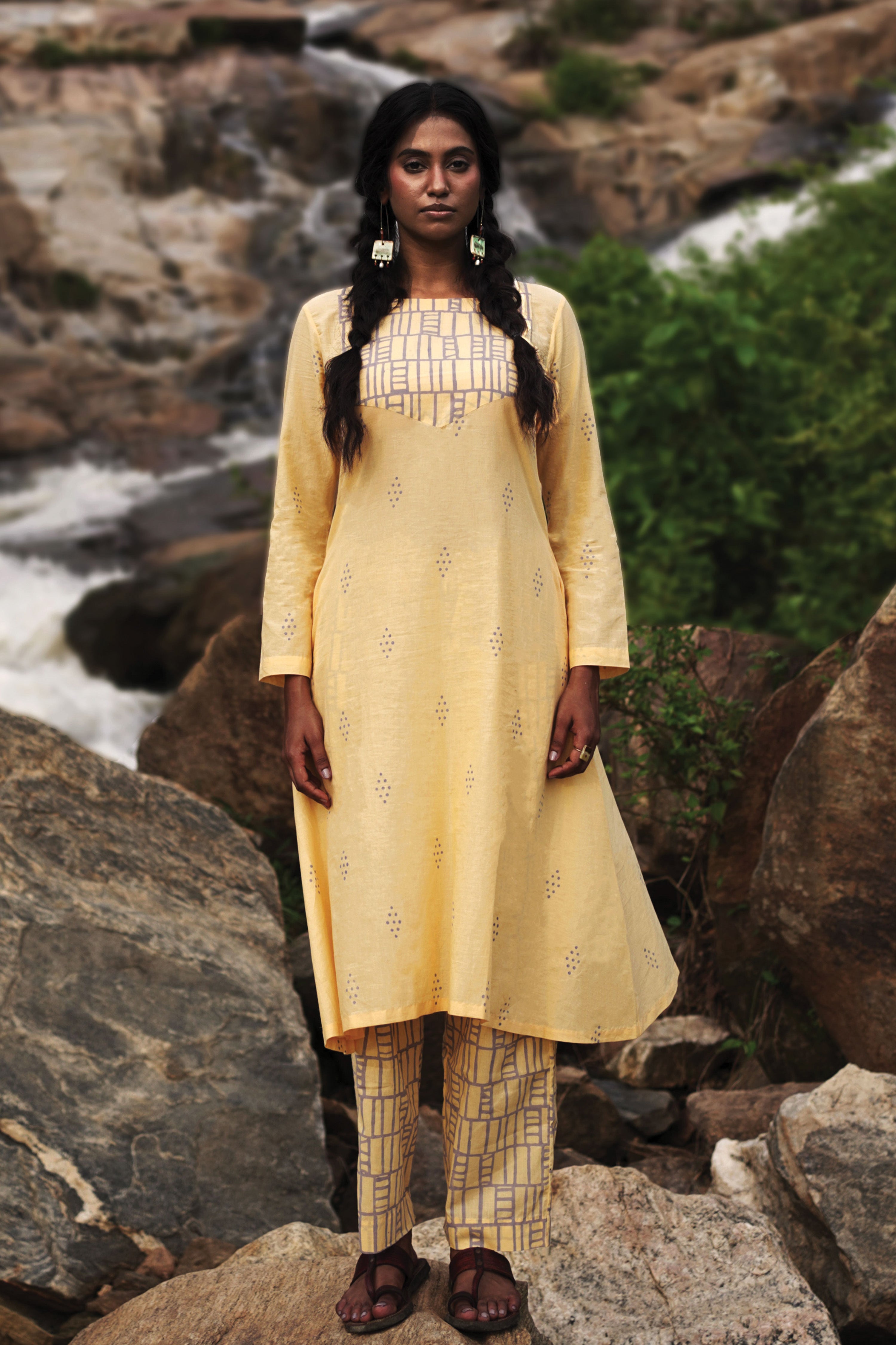 Isha I Yellow Cotton Hand Block printed Kurta-pant set