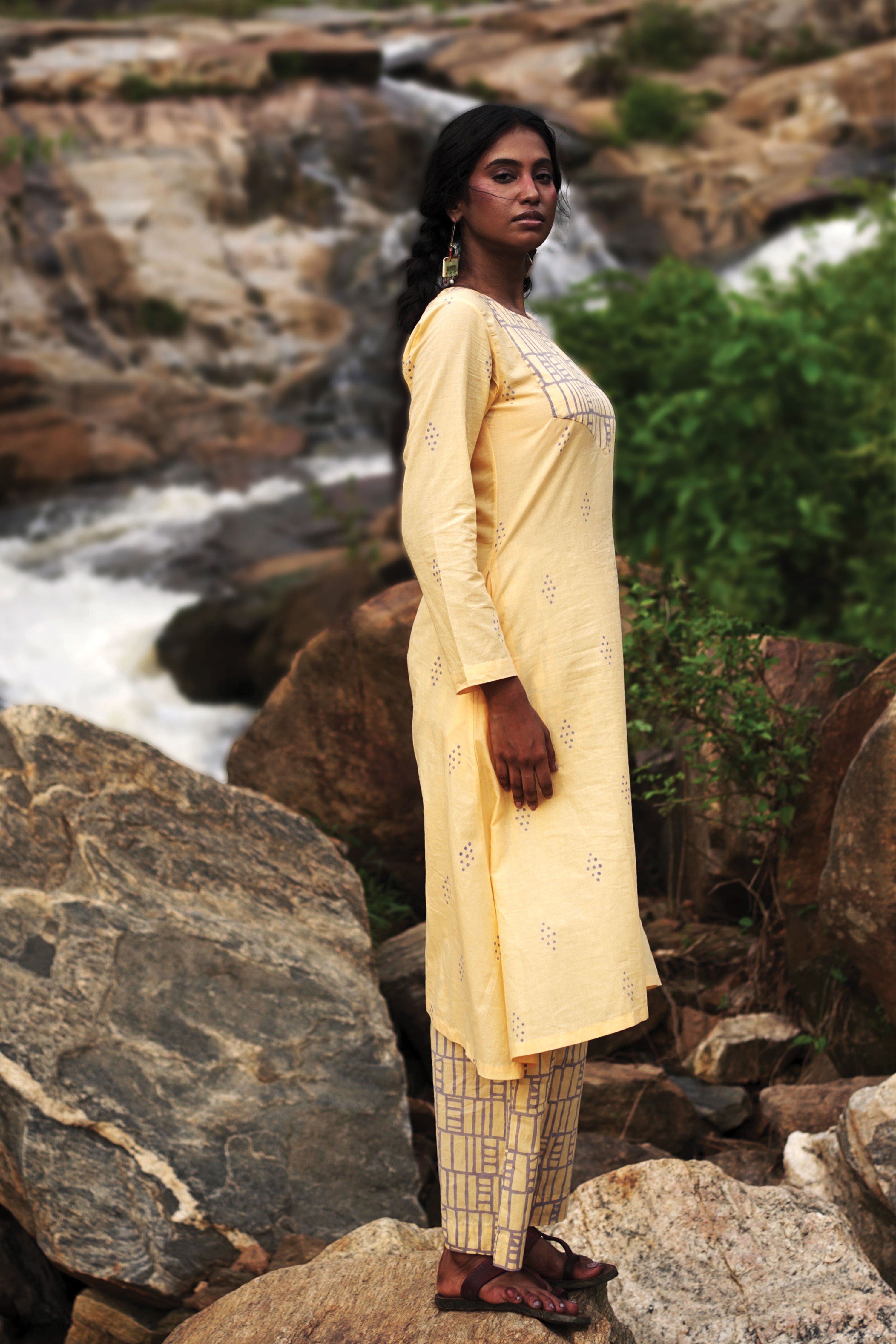 Isha I Yellow Cotton Hand Block printed Kurta-pant set