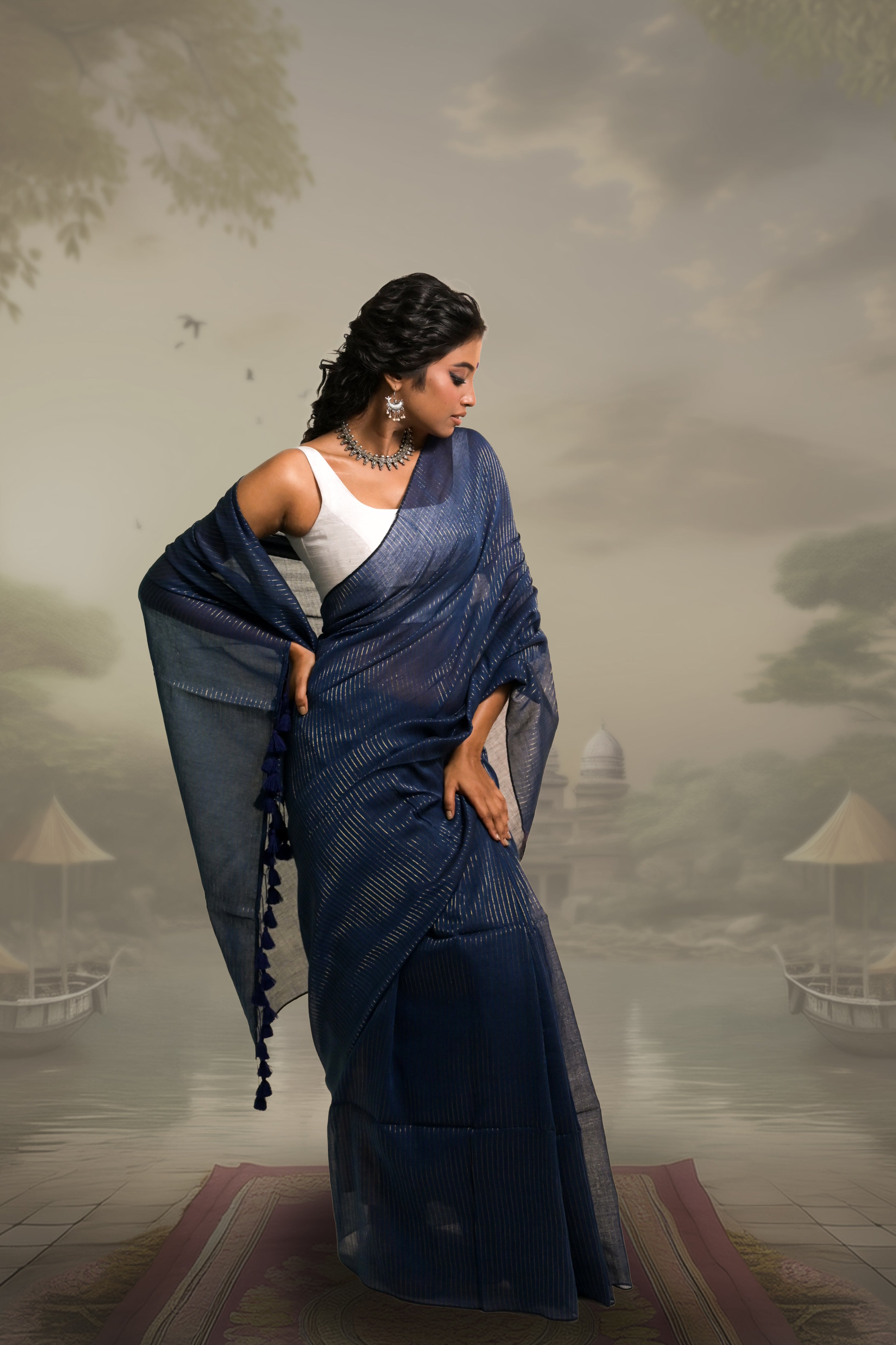 zari-striped-blue-mul-cotton-saree-with-tassels