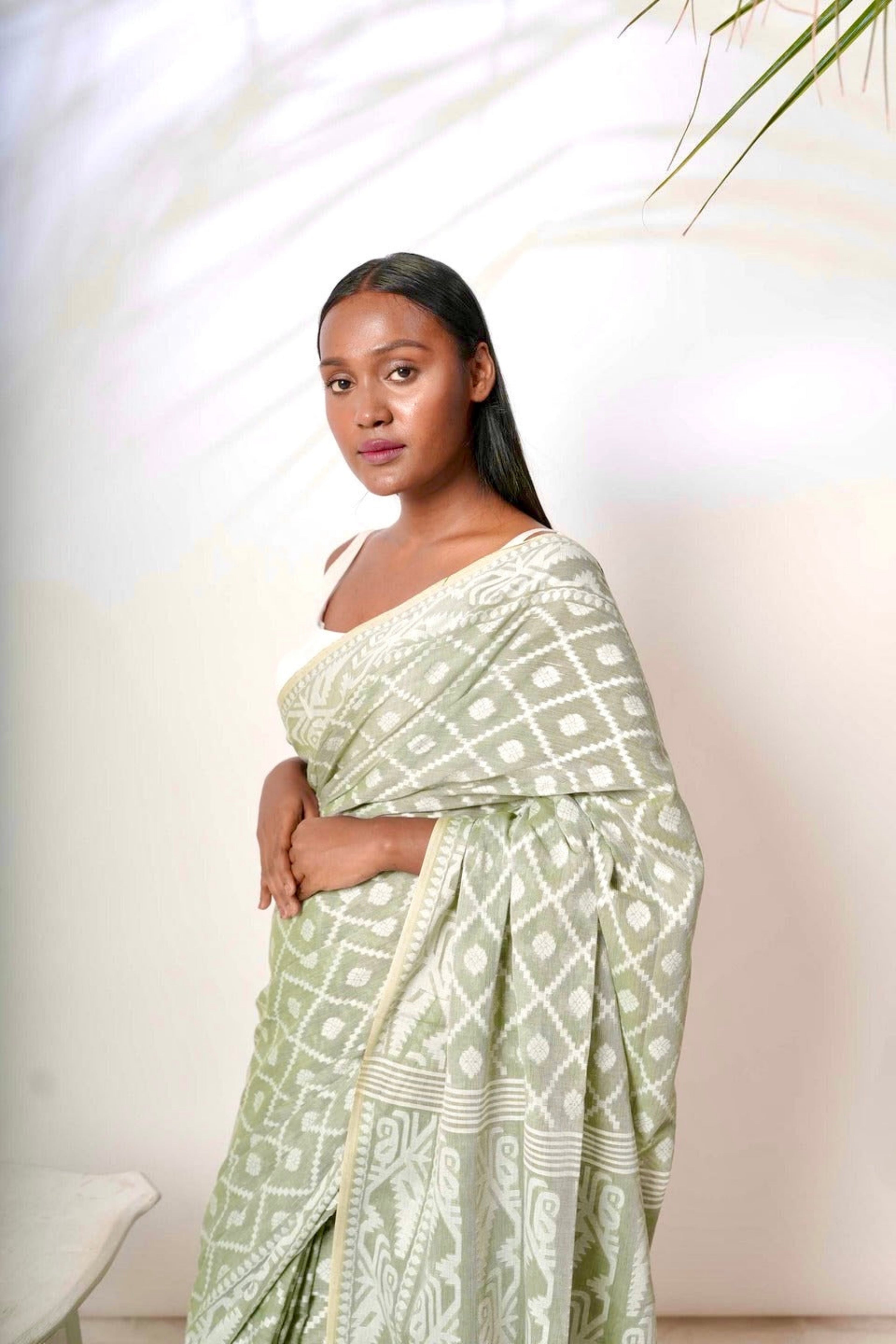 Mistfall I Sage Green Cotton Saree with White Jacquard