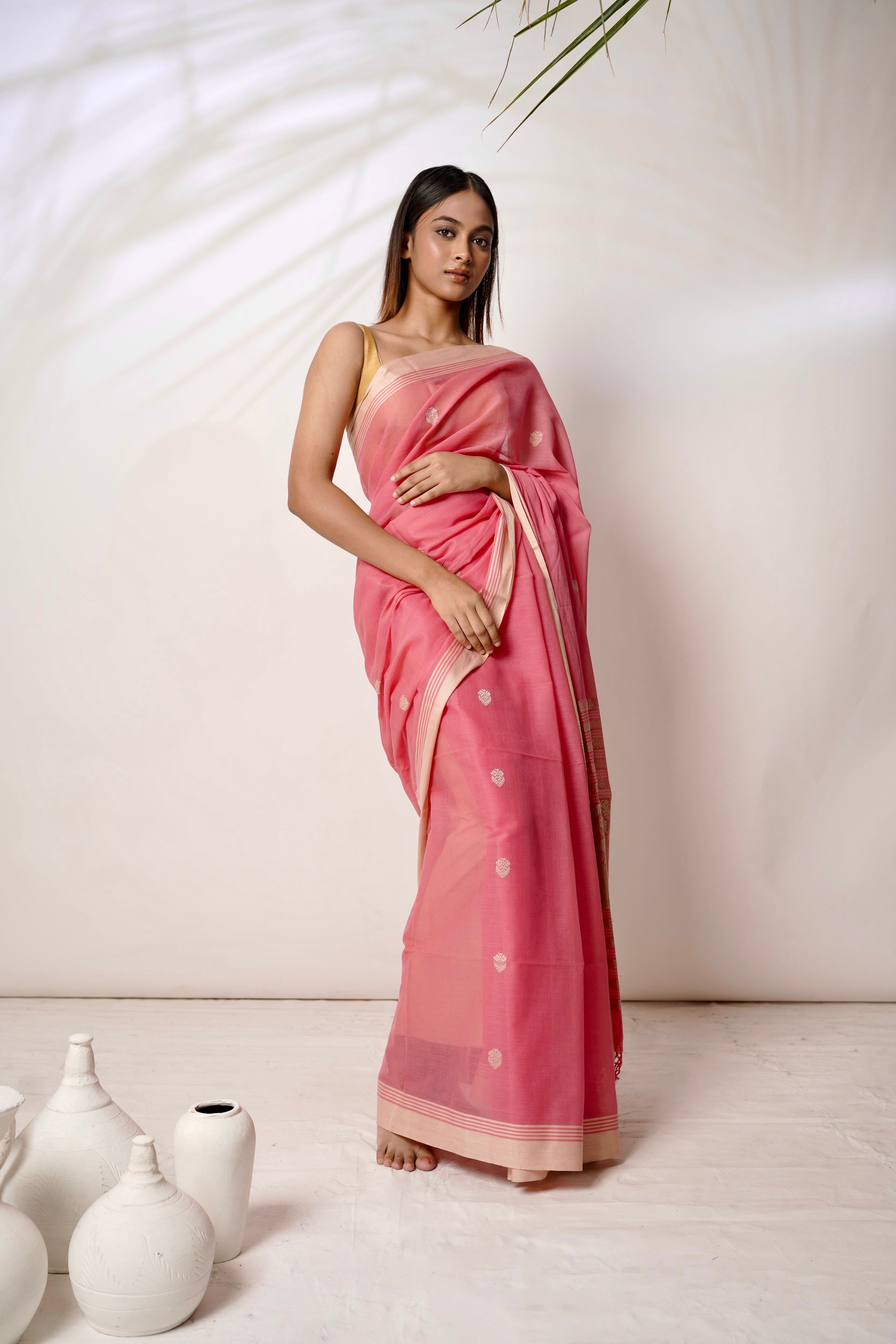 Coral I Coral pink cotton saree with beige striped border