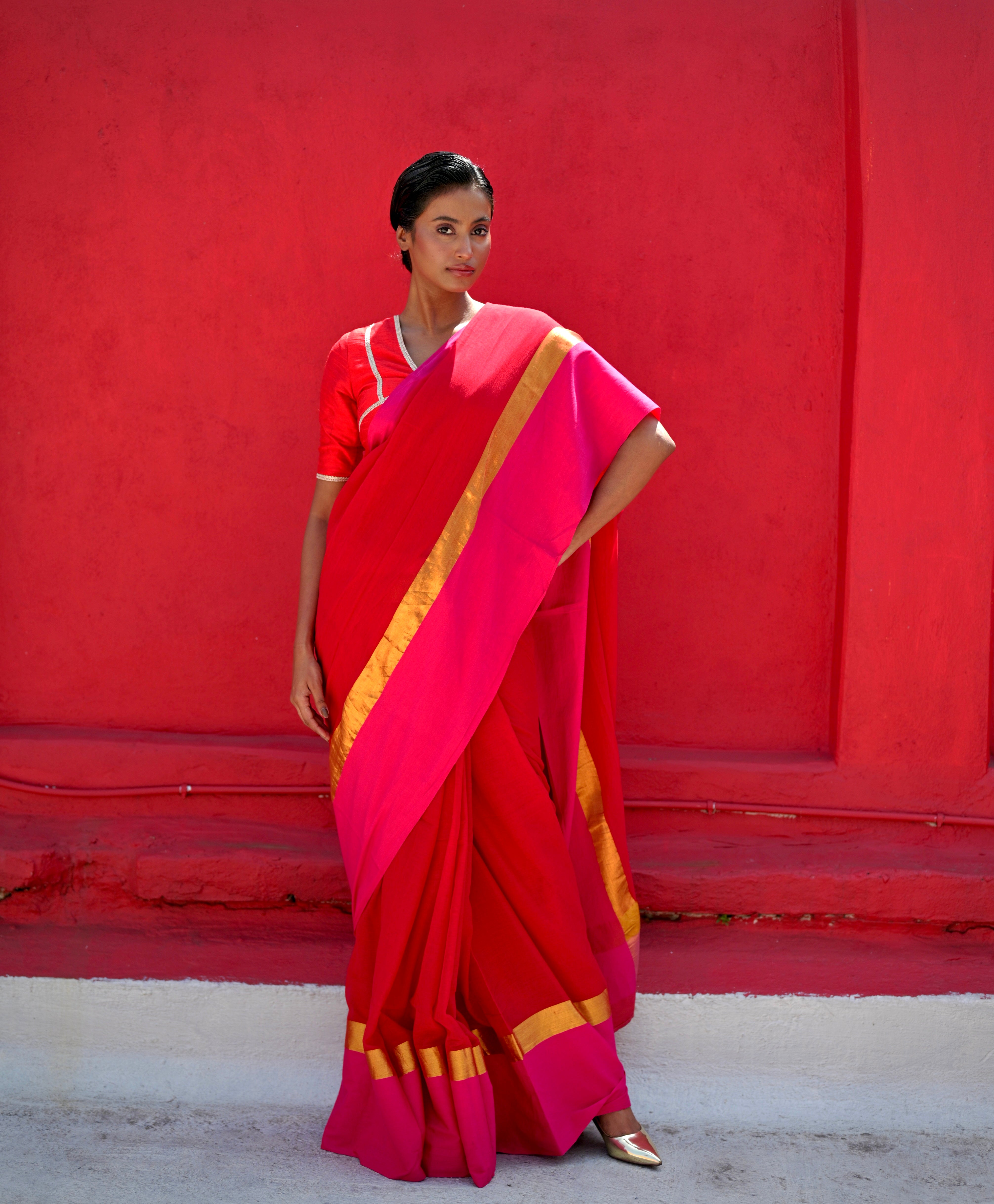 Dayita I Red Handloom Cotton Saree with Pink and Golden Border