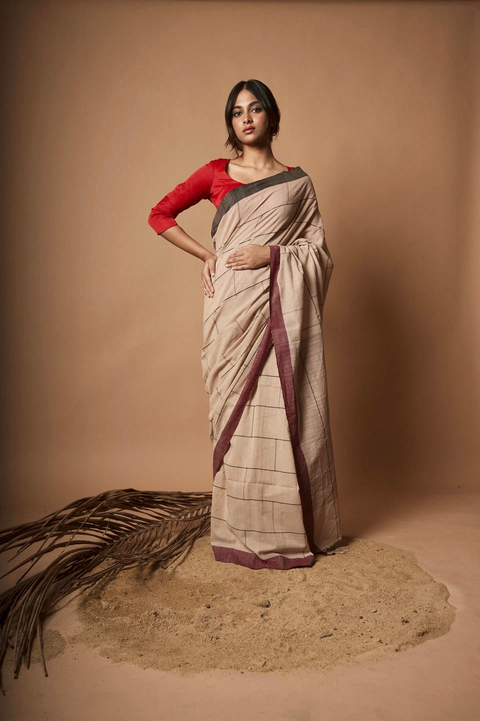 Sandscape I Beige Cotton Saree with Brown and black Border