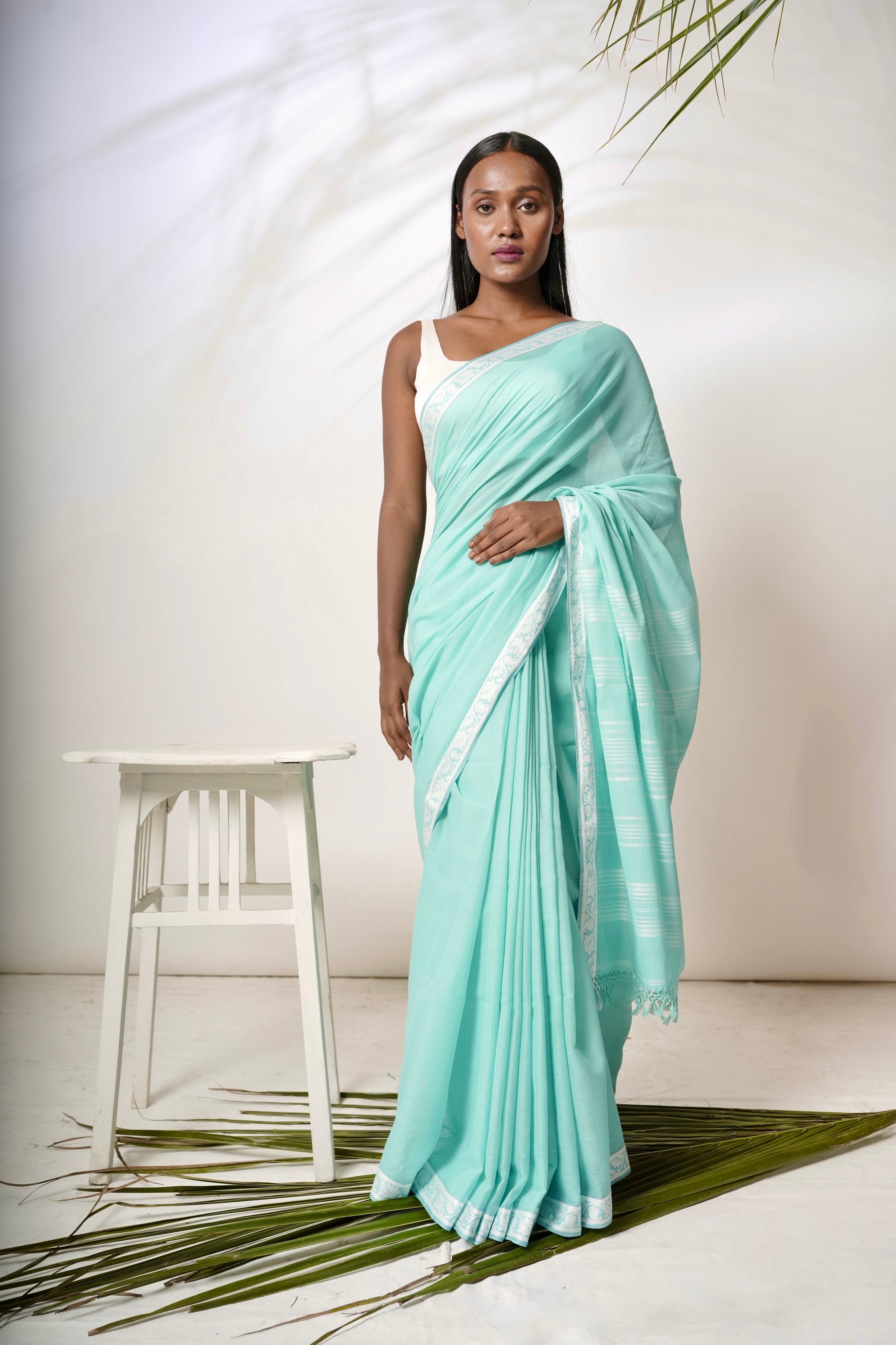 Cerulean I Light blue cotton saree with white  border
