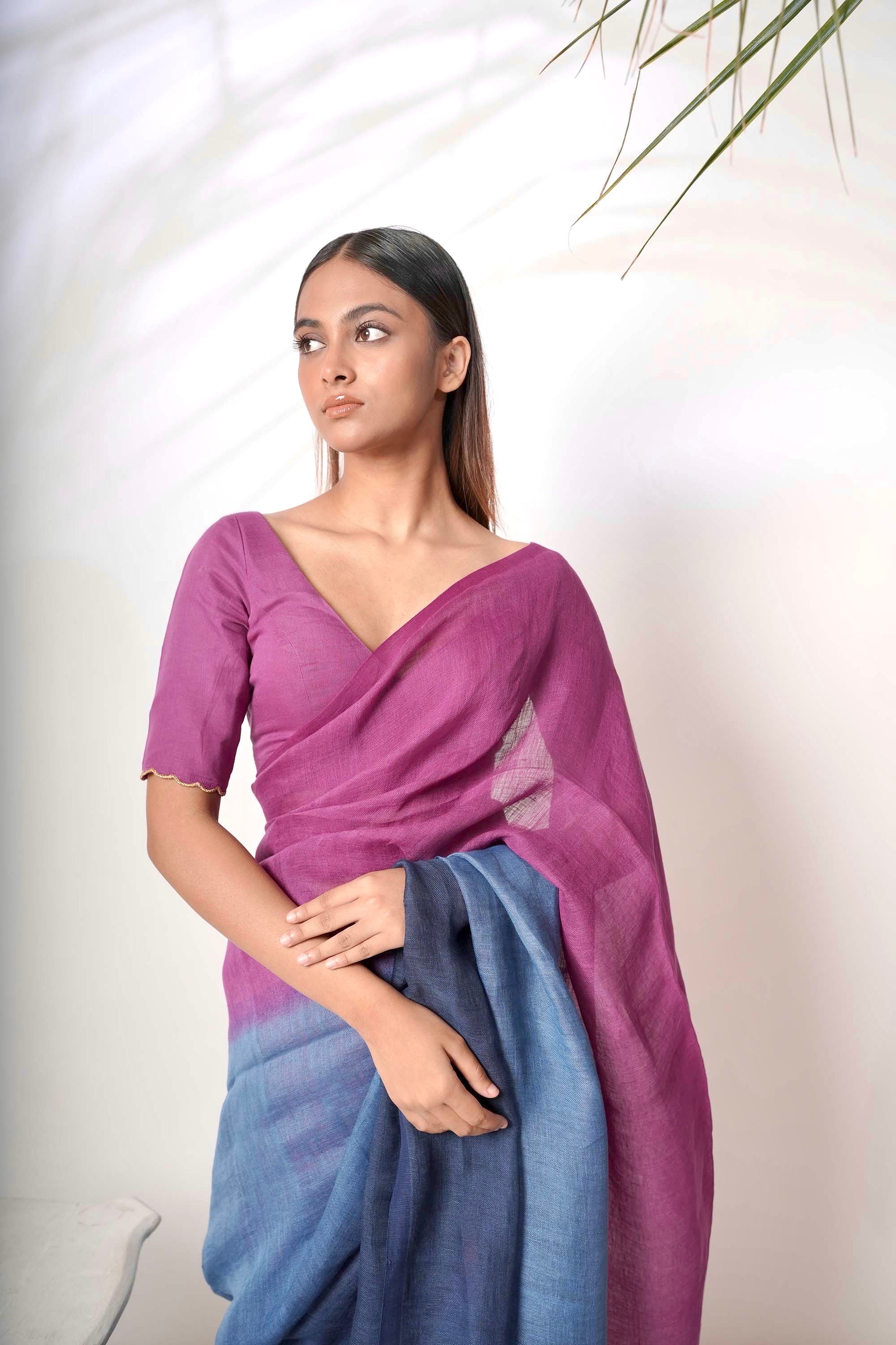 Neel Gagan I Blue and Purple Handloom Linen Saree