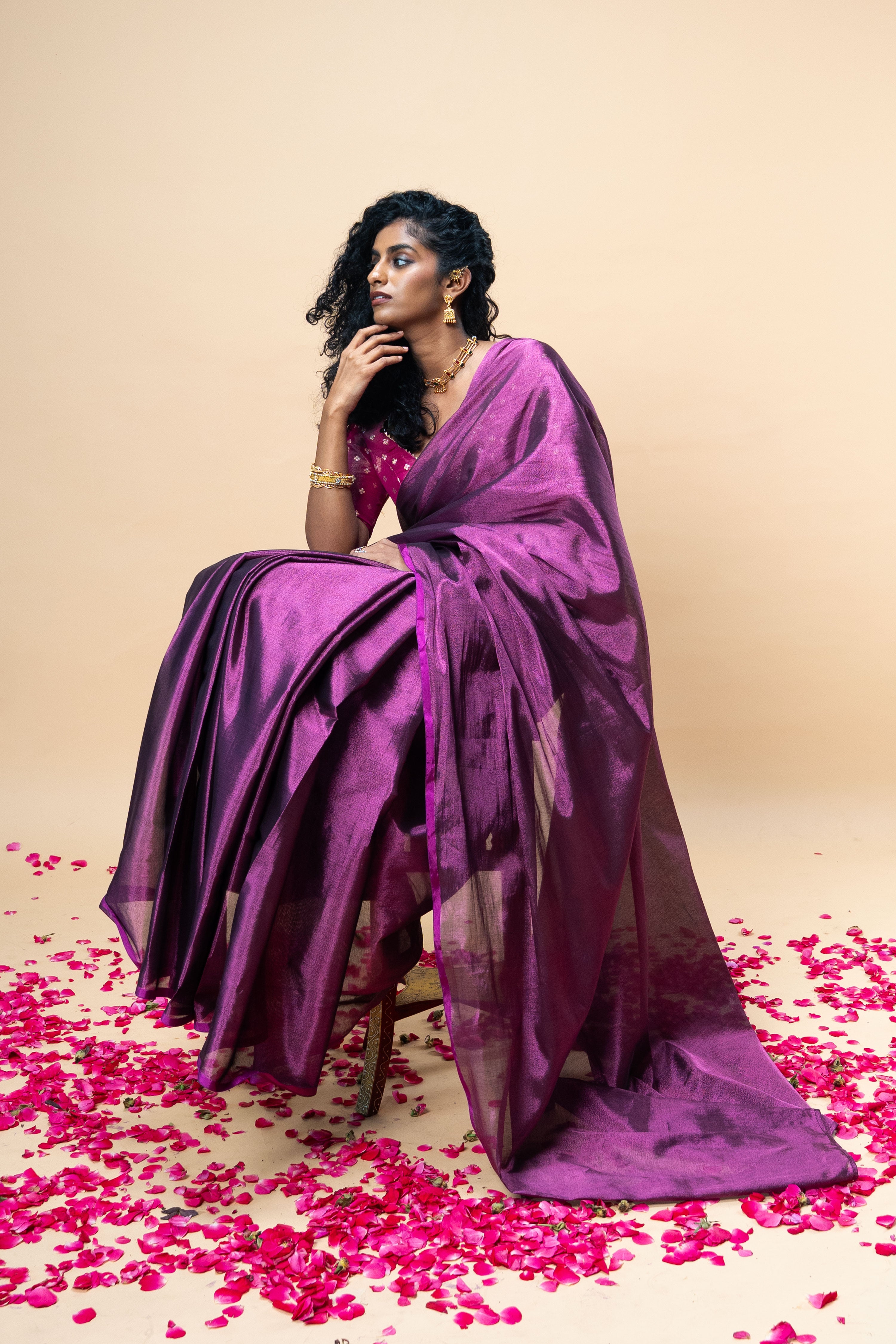 Jyotira I Magenta handwoven tissue saree with Purple border