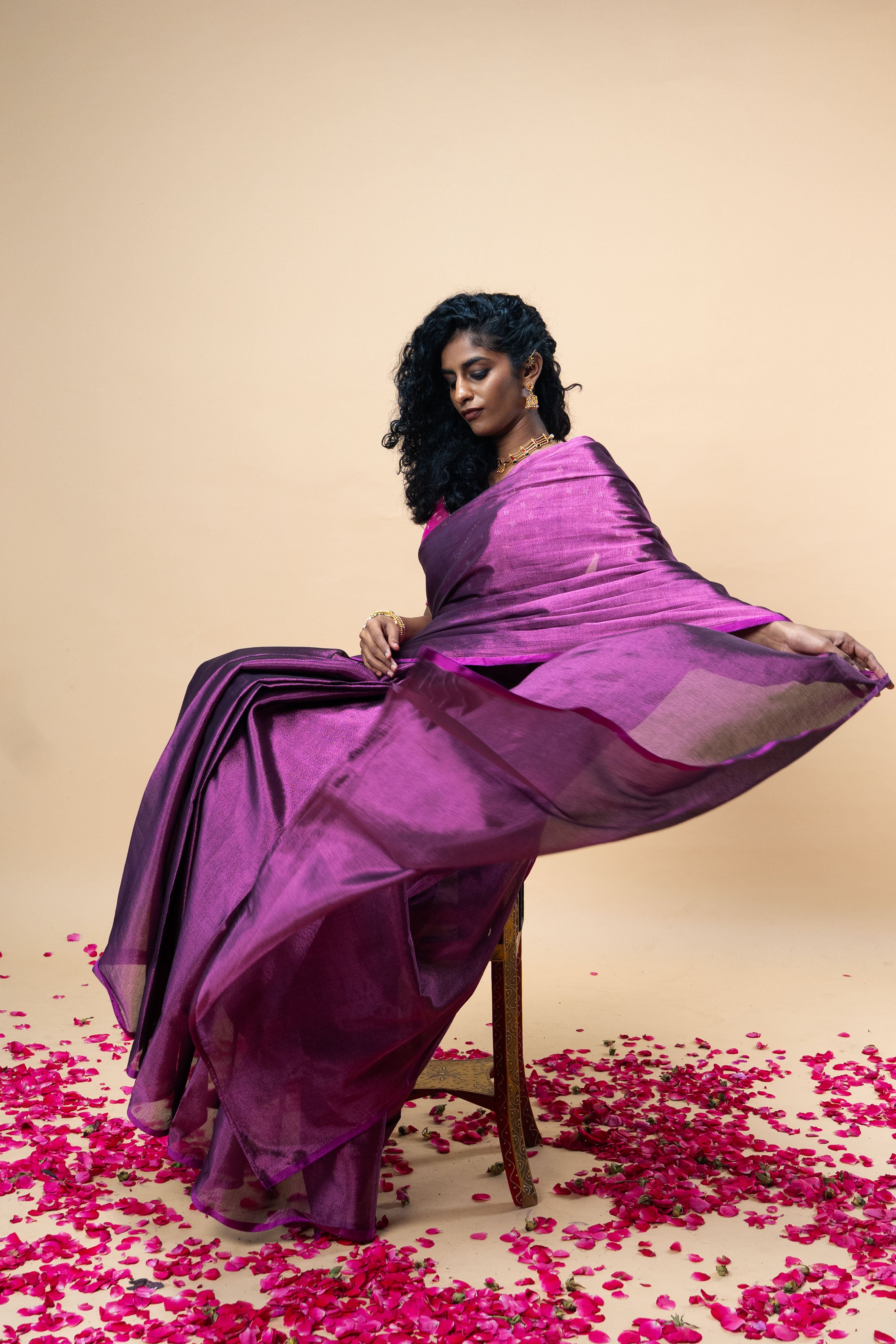 Jyotira I Magenta handwoven tissue saree with Purple border