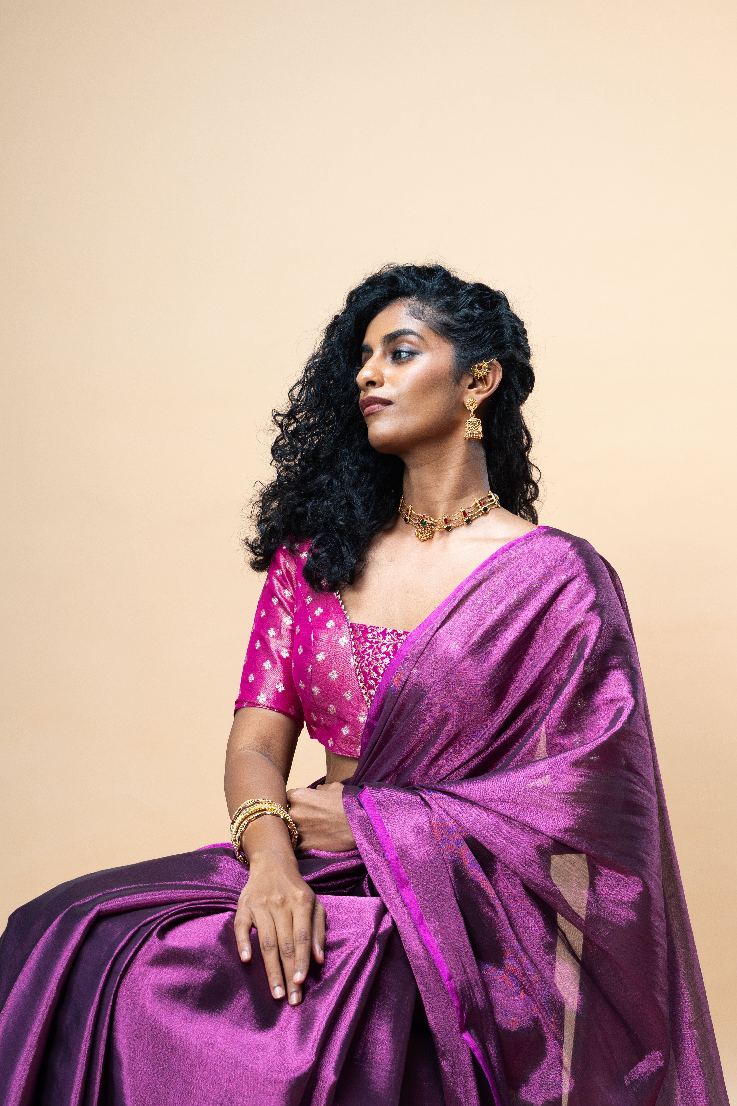 Jyotira I Magenta handwoven tissue saree with Purple border
