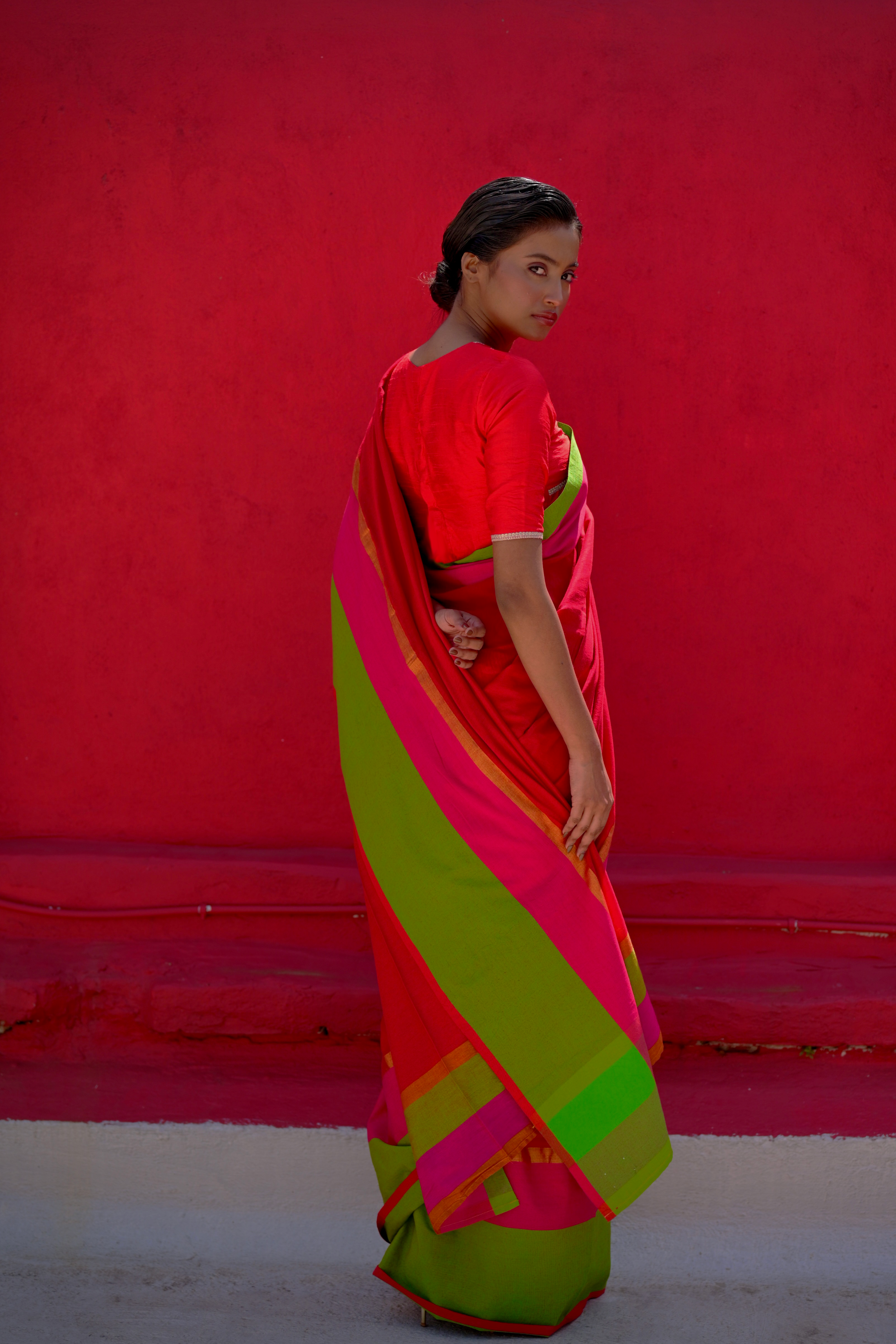 Kamini I Red Handloom Cotton Acrylic Saree With Green Border