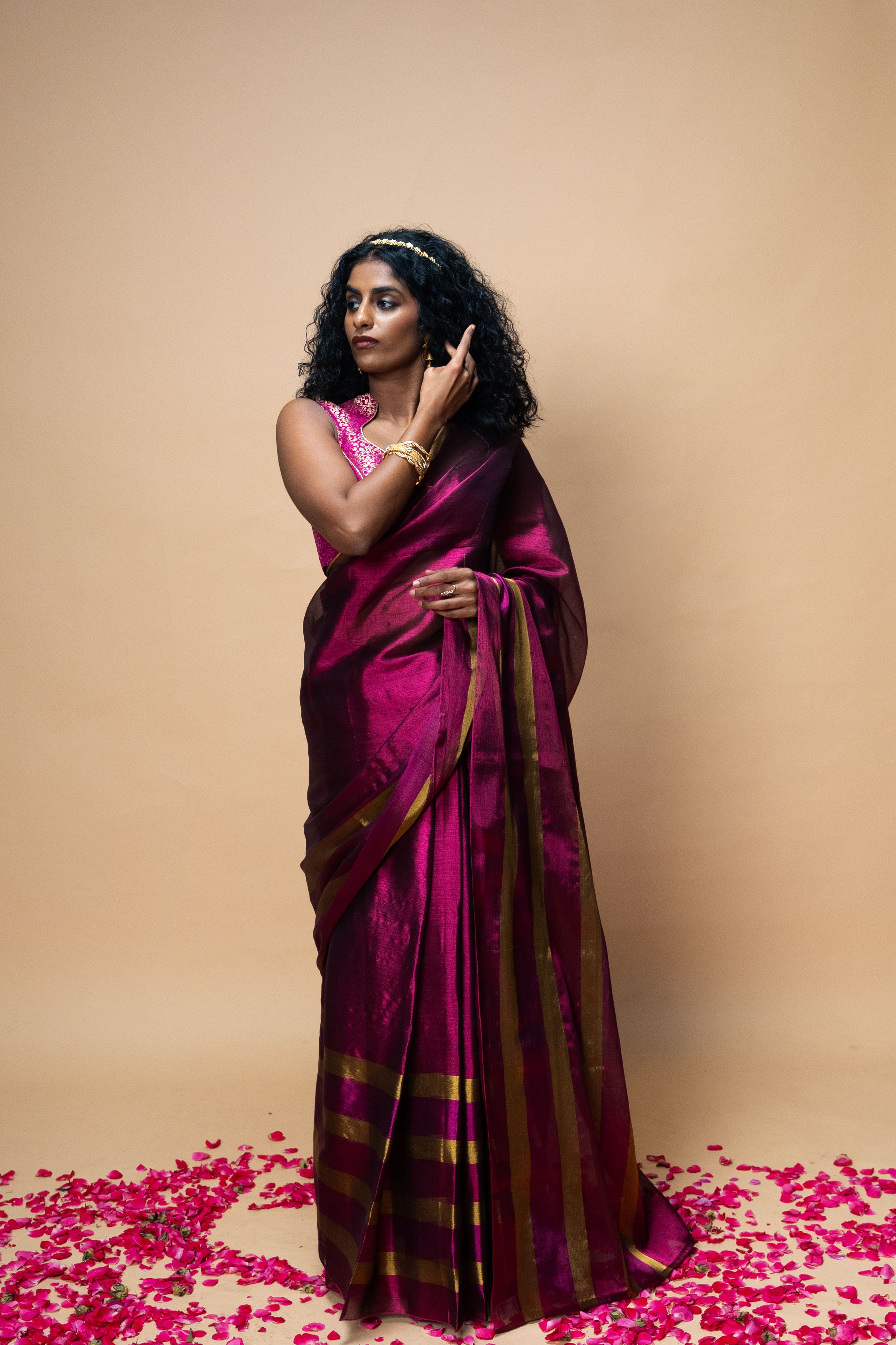 SAMVARA I Dark Pink Handwoven Tissue Saree with Multicoloured Striped Border