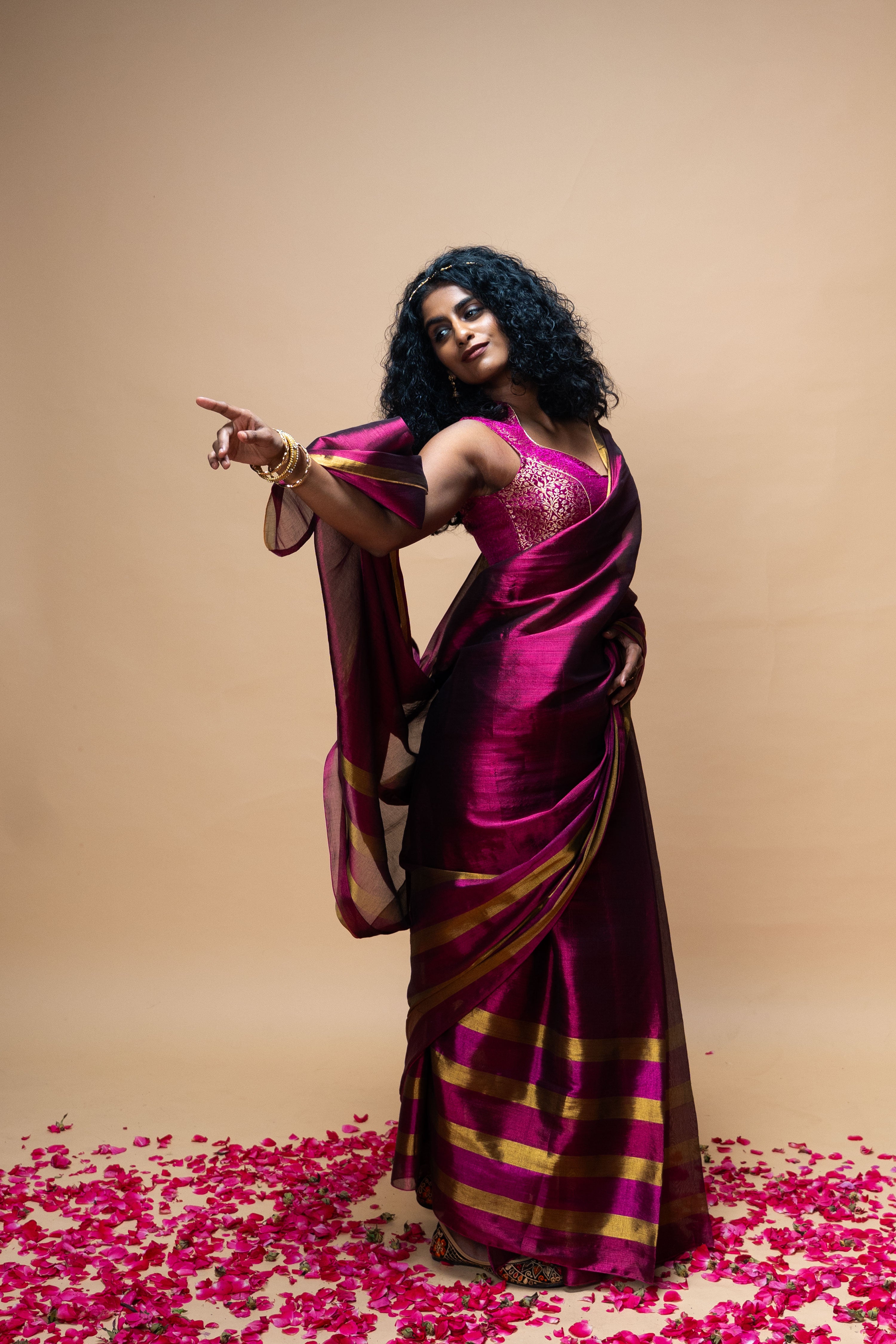 SAMVARA I Dark Pink Handwoven Tissue Saree with Multicoloured Striped Border