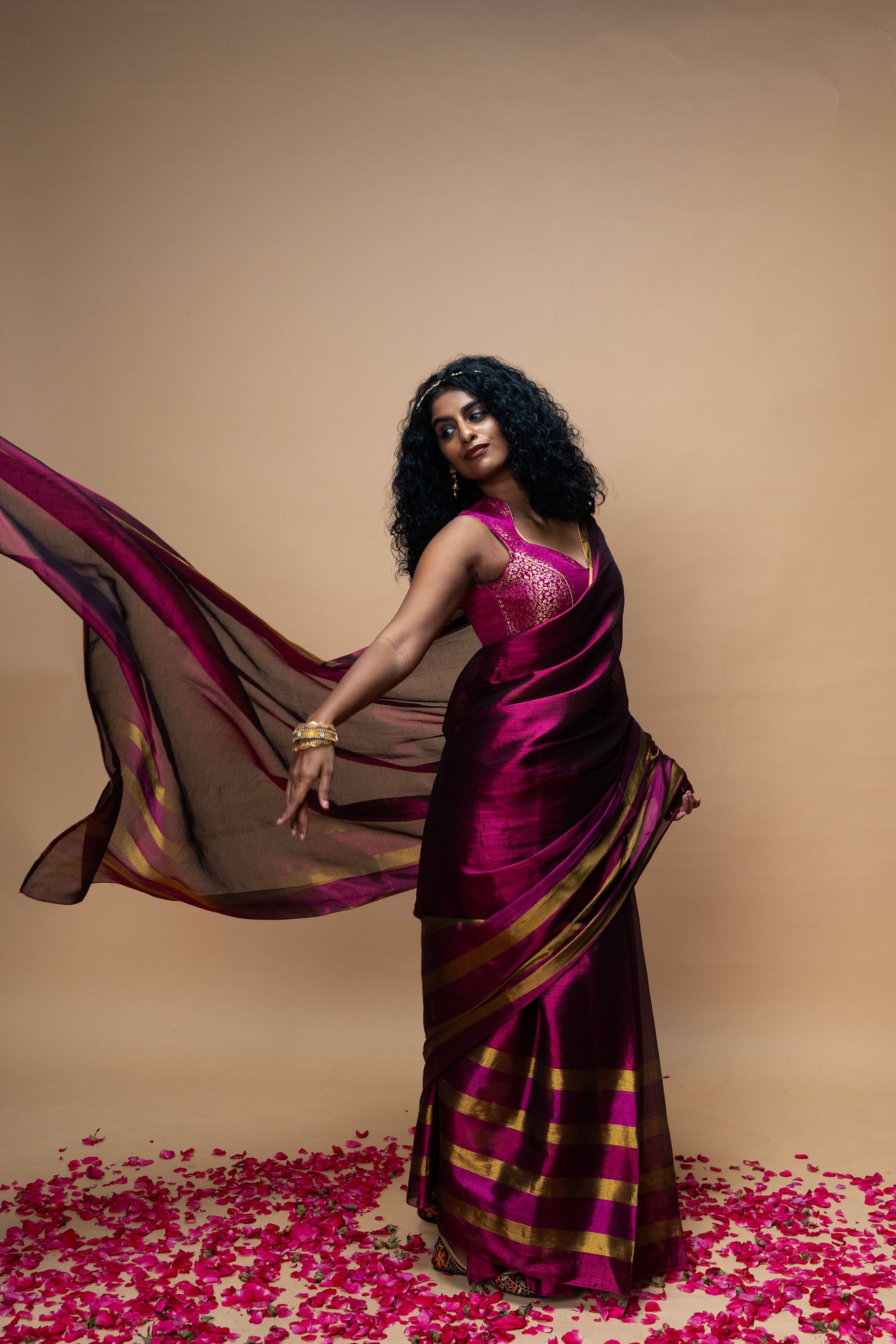 SAMVARA I Dark Pink Handwoven Tissue Saree with Multicoloured Striped Border