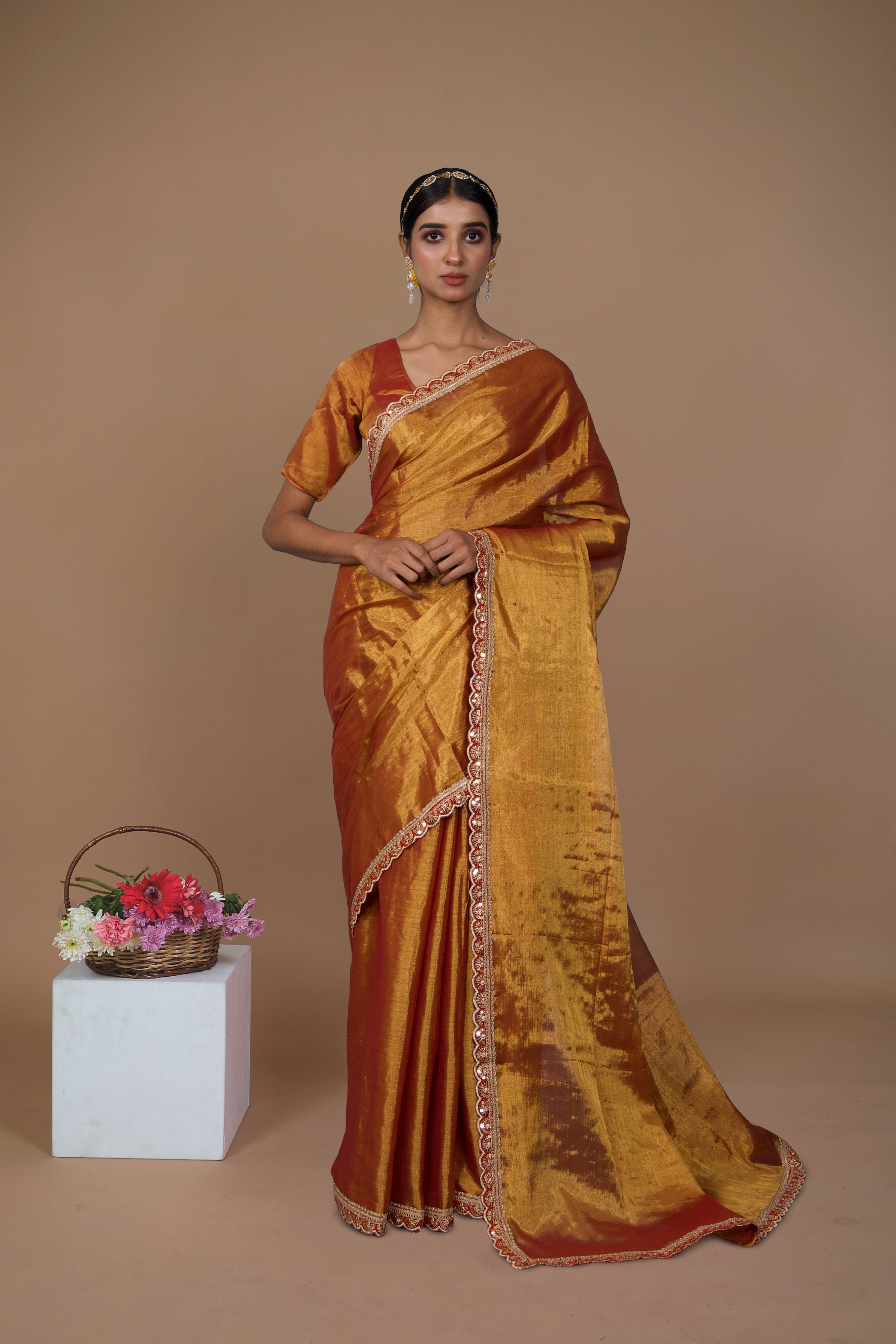 Shagun I Warm Red handwoven tissue saree with scalloped lace