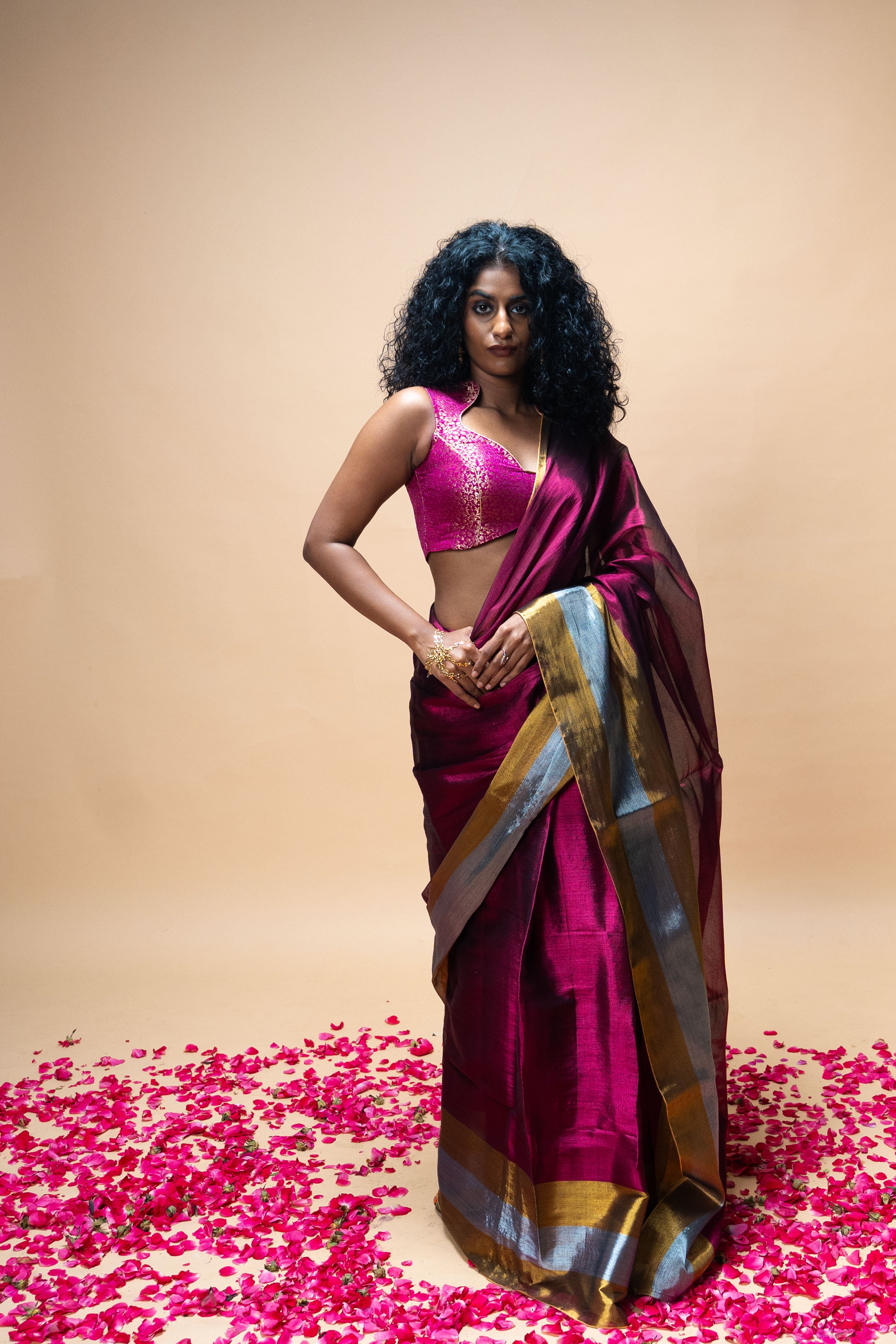 Ameya I Dark Pink Handwoven Tissue Saree with Gold and Silver Border