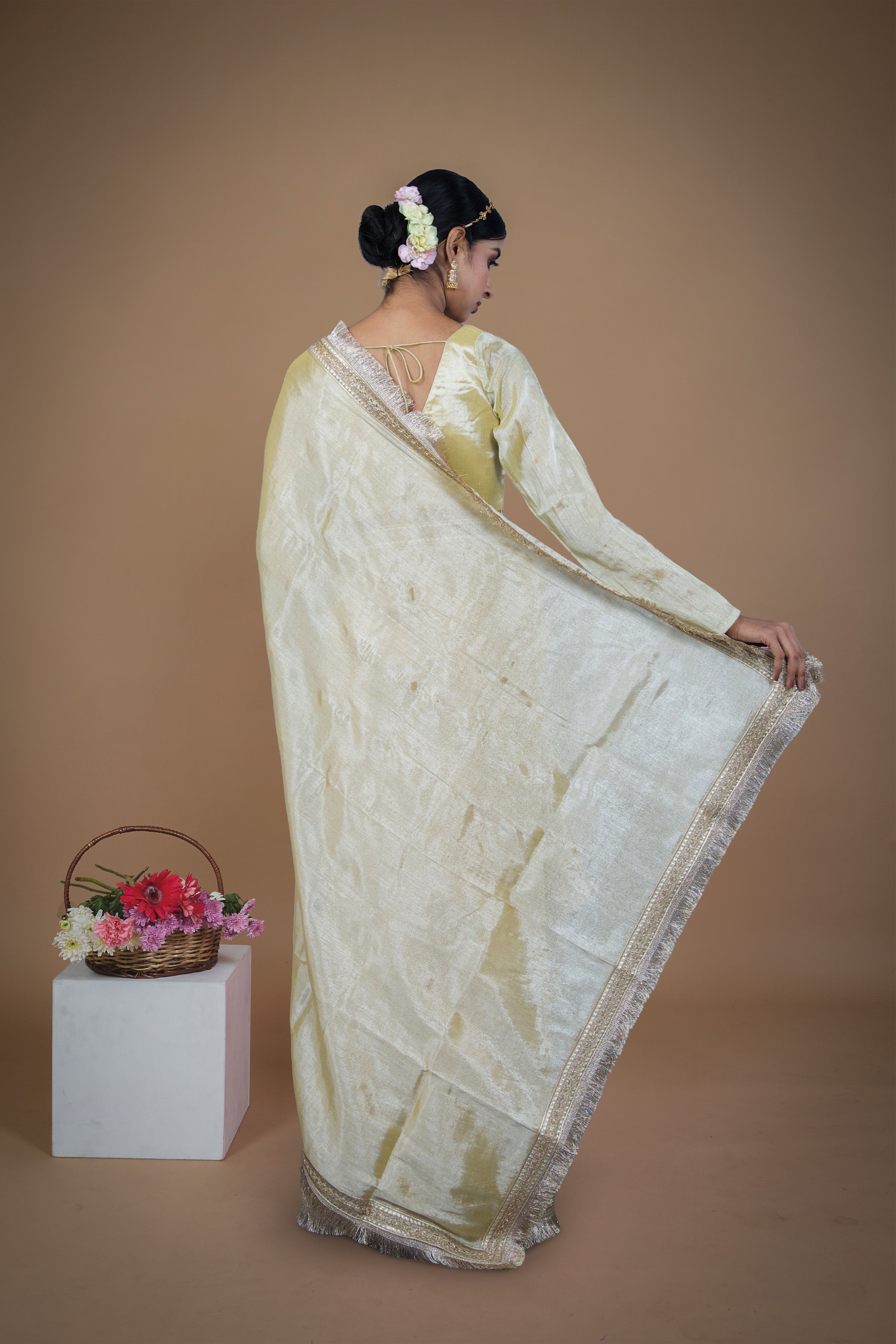 Tarang I Neon yellow handwoven tissue saree with matte gold lace