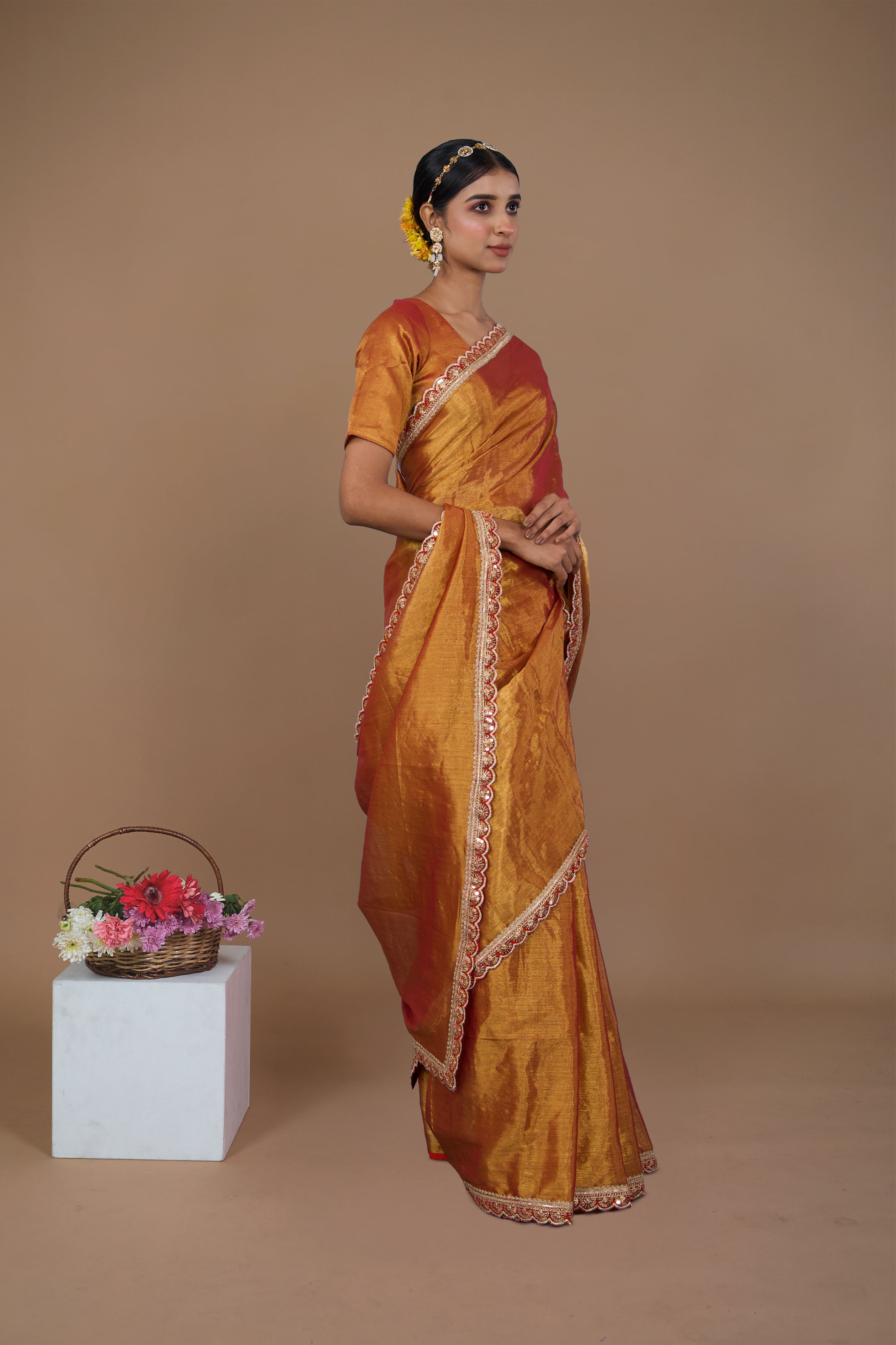 Shagun I Warm Red handwoven tissue saree with scalloped lace
